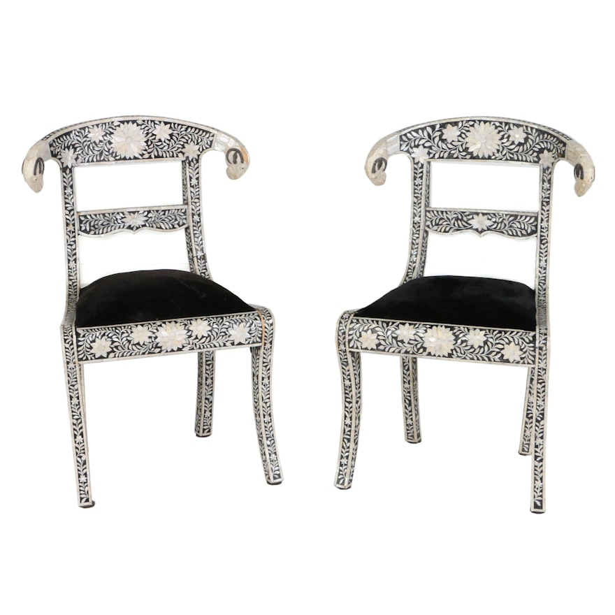 Pair of Indian Mother-of-Pearl Inlaid and Ebonized Side Chairs, 20th Century