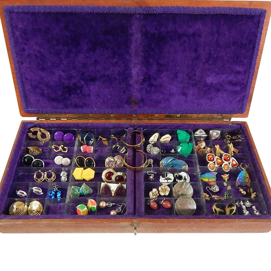 Over 35 Pairs of Costume Earrings with Some Sterling, in Large Lined Wood Box