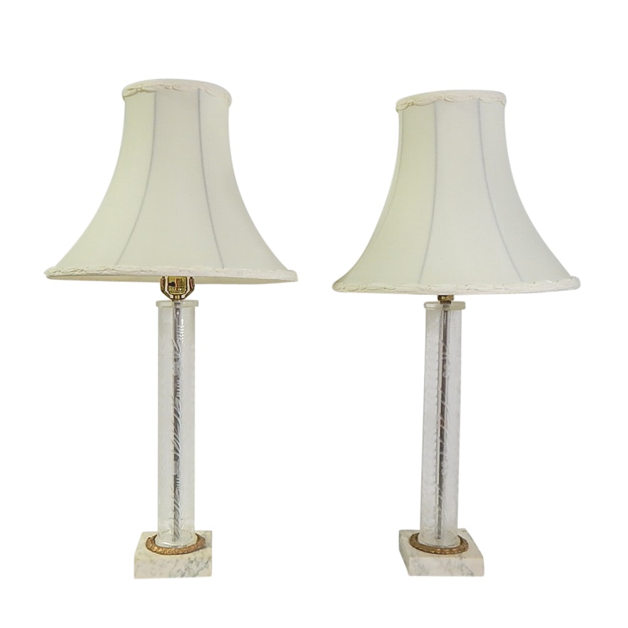 Etched Glass Lamps with Marble Bases and Silk Fluted Shades