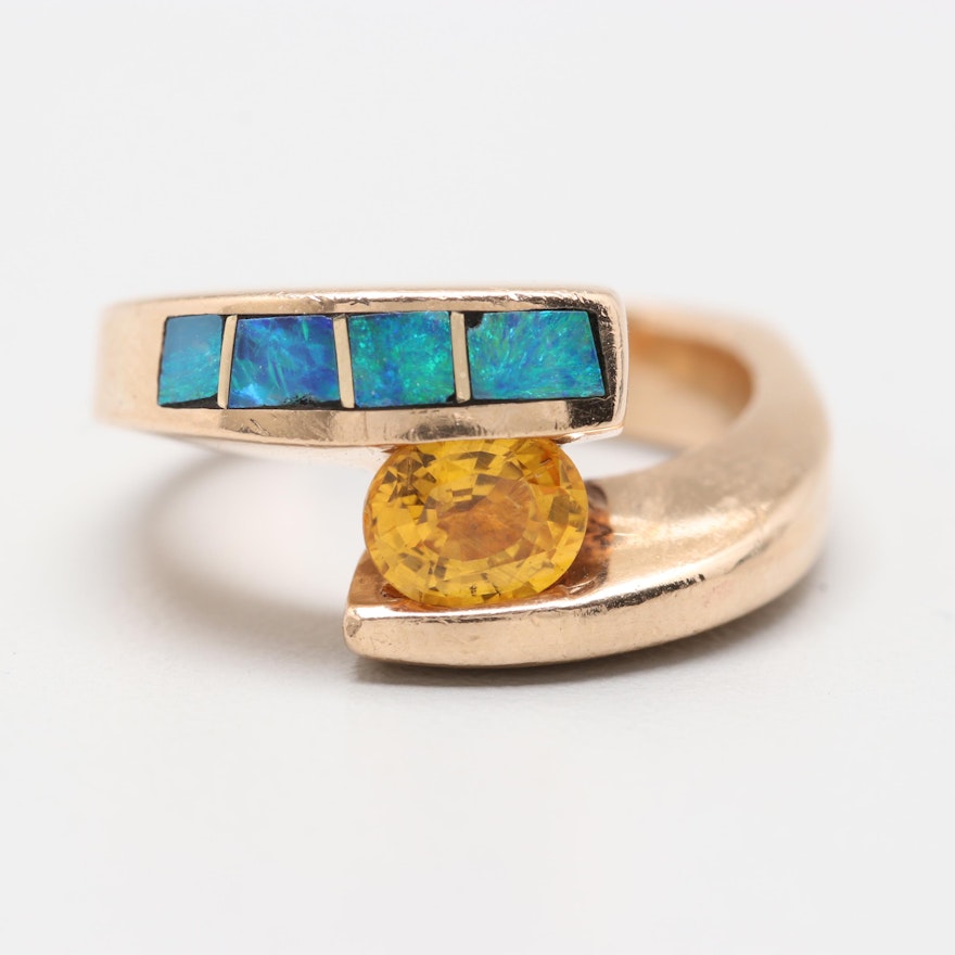 14K Yellow Gold Unheated Yellow Sapphire and Opal Ring