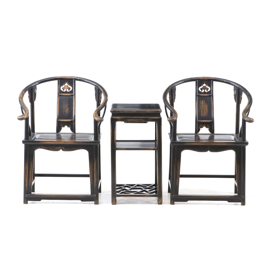 Pair of Chinese Roundback Wood Armchairs and Table