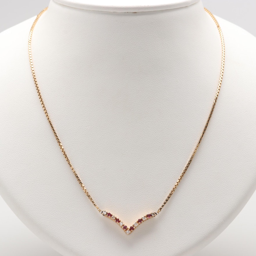 Pomerantz 14K Yellow Gold Ruby and Diamond Chevron Necklace