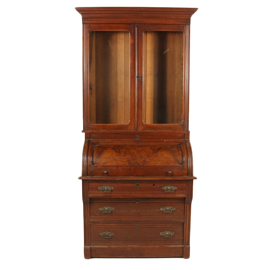 Eastlake Walnut Bookcase over Cylinder Desk, Early 20th Century