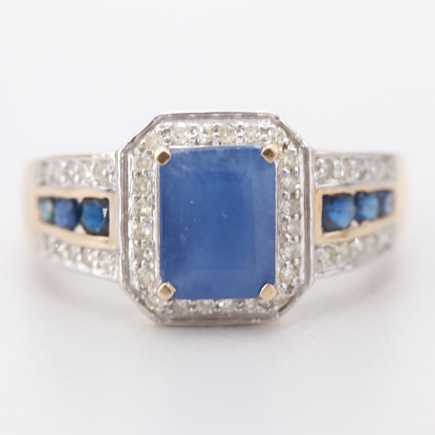 10K Yellow Gold Blue Sapphire and Diamond Ring