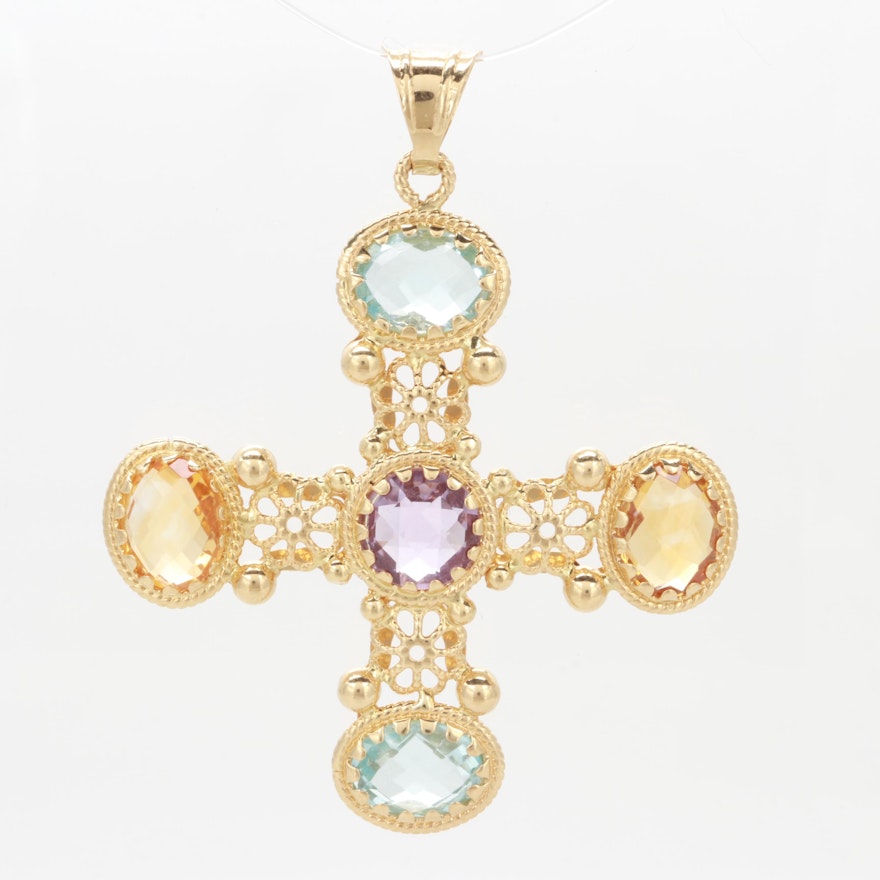 Italian 18K Yellow Gold Amethyst, Topaz and Citrine Cross Pendant