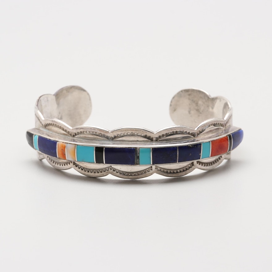 G. Howe Navajo Diné Sterling Turquoise, Lapis Lazuli and Coral Cuff Bracelet