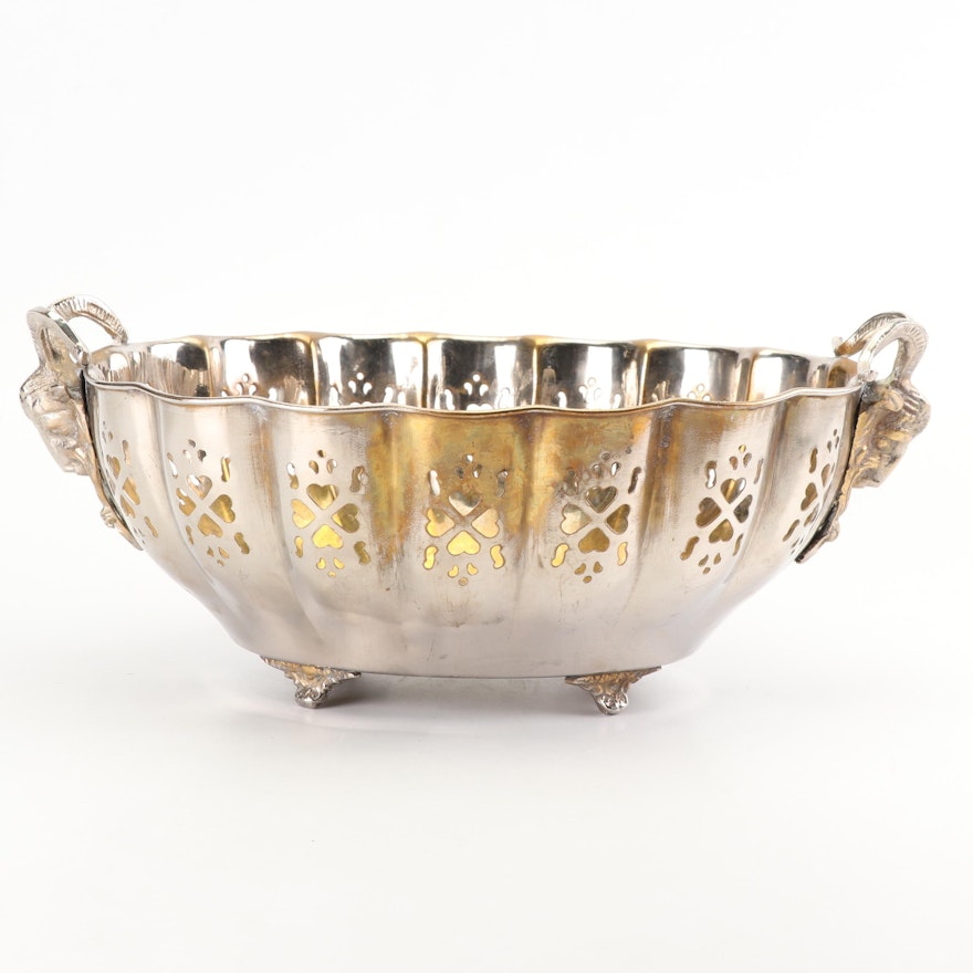 Reticulated Rams Head Silver-Plated Fruit Bowl, Mid-Century American