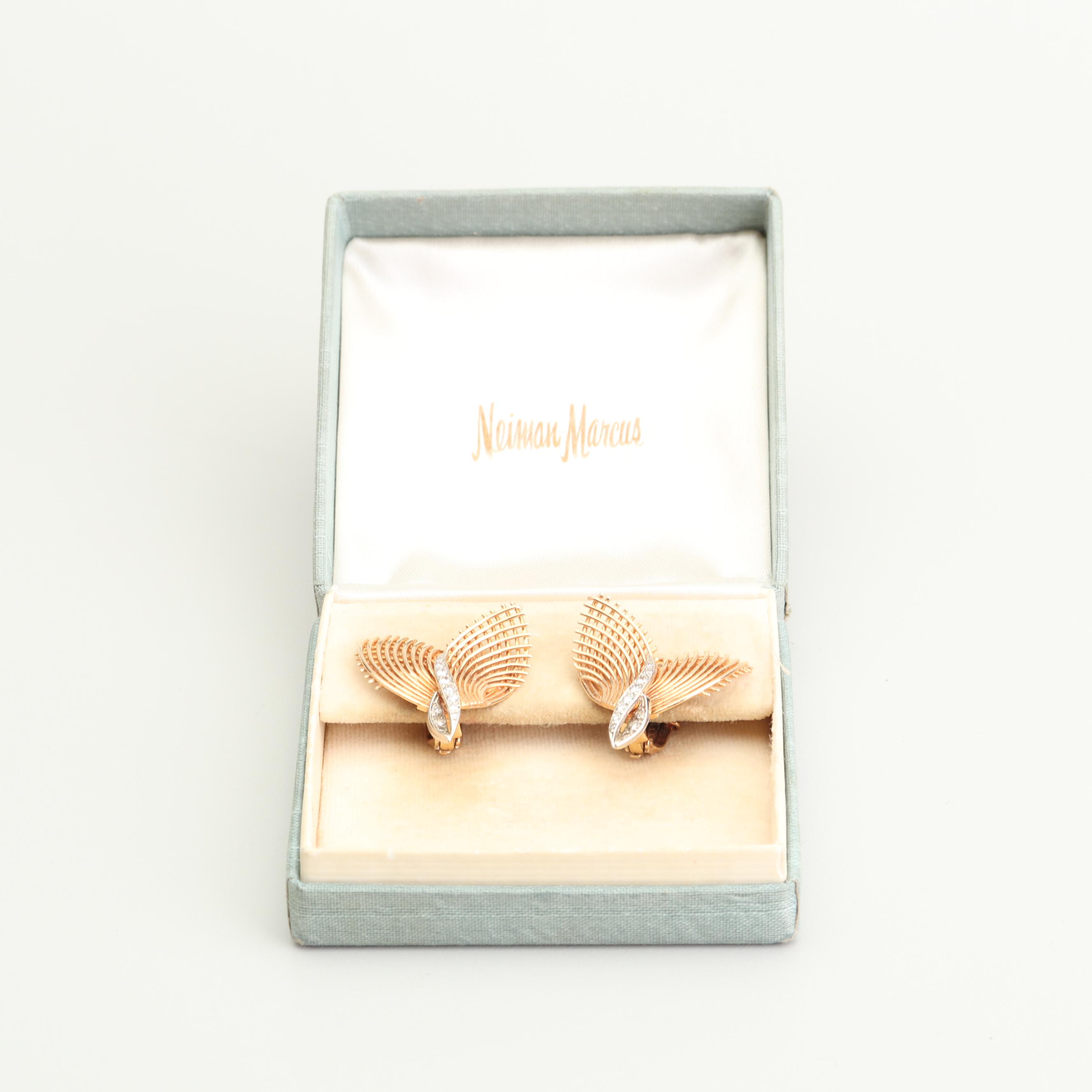 Vintage Neiman Marcus 14K Yellow and White Gold Diamond Earrings