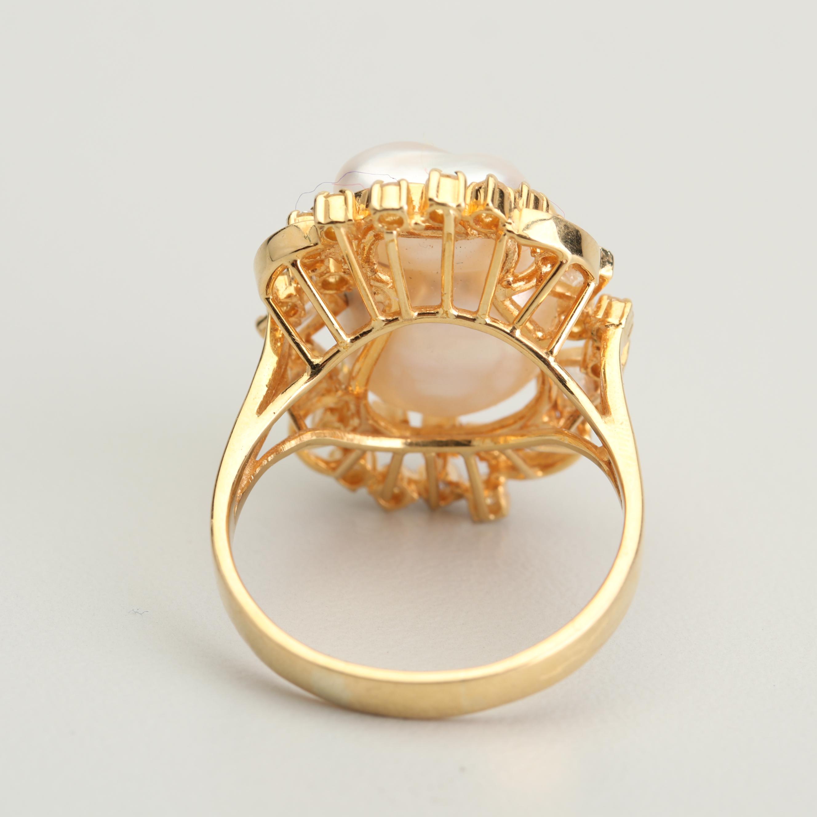 18K Yellow Gold Freshwater Cultured Pearl and Diamond Ring