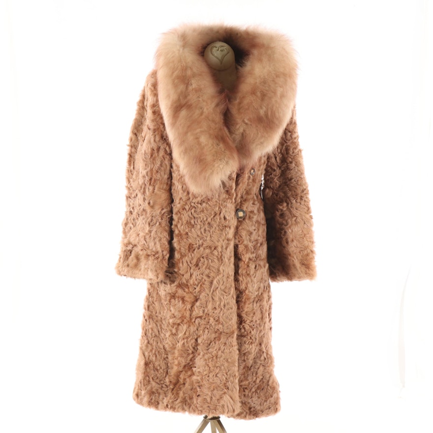 1960s Vintage J.B. Ivey & Co. Tan Persian Lamb Coat with Fur Shawl Collar