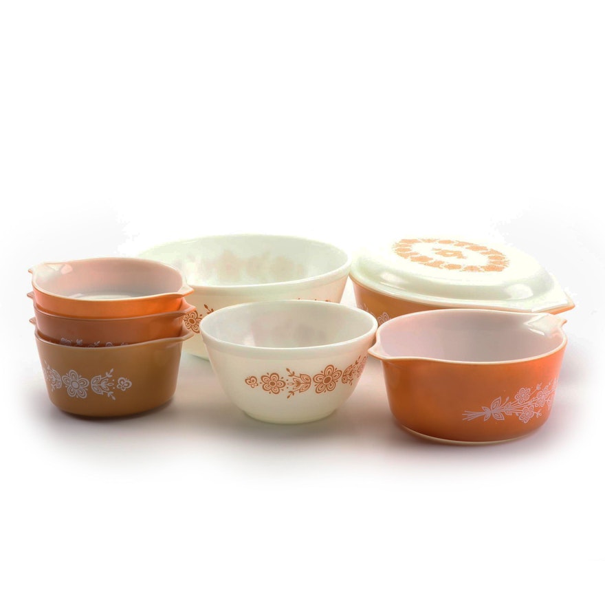 Pyrex "Butterfly Gold" Glass Bakeware and Mixing Bowls, 1972-78