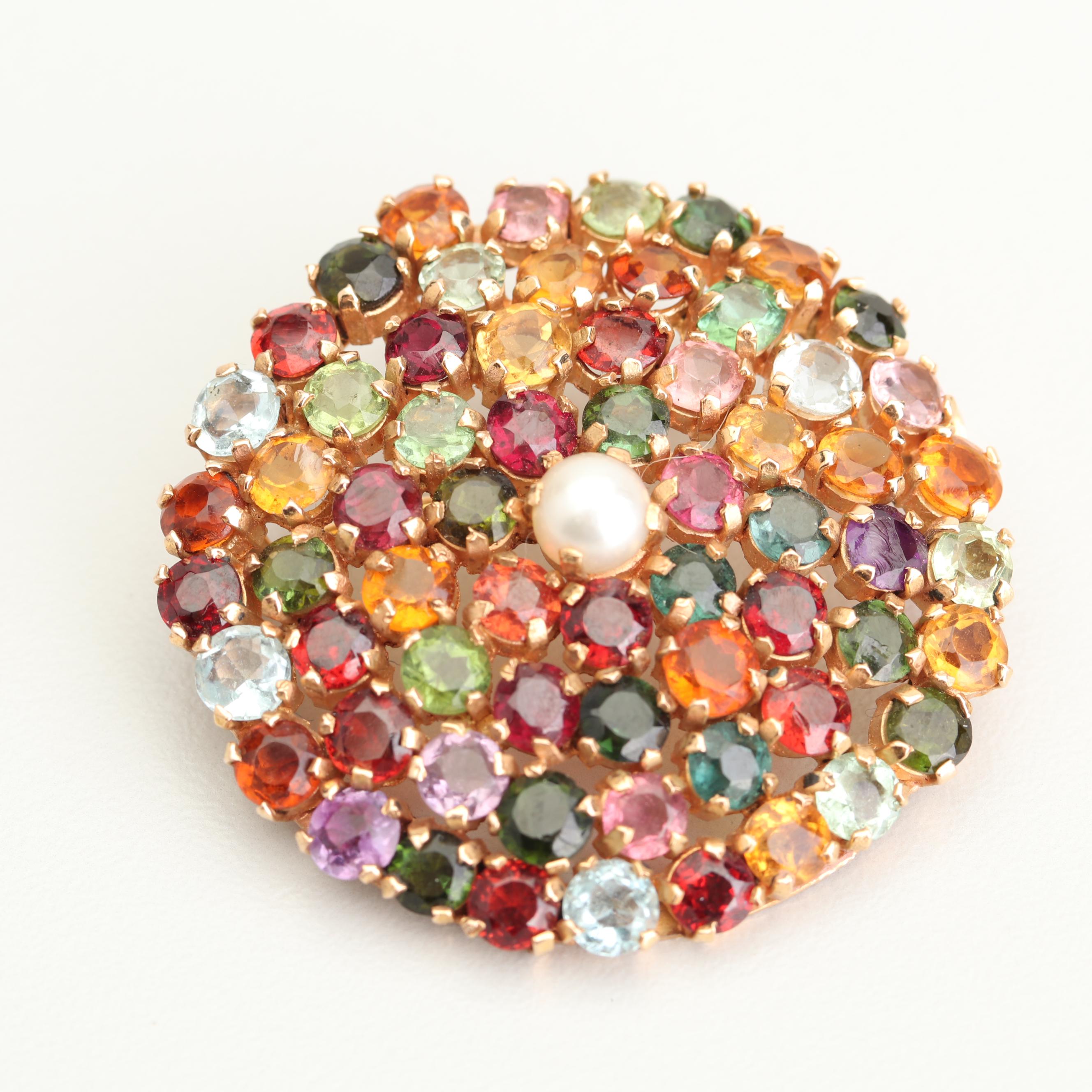 18K Yellow Gold Gemstone and Freshwater Cultured Pearl Brooch or Pendant