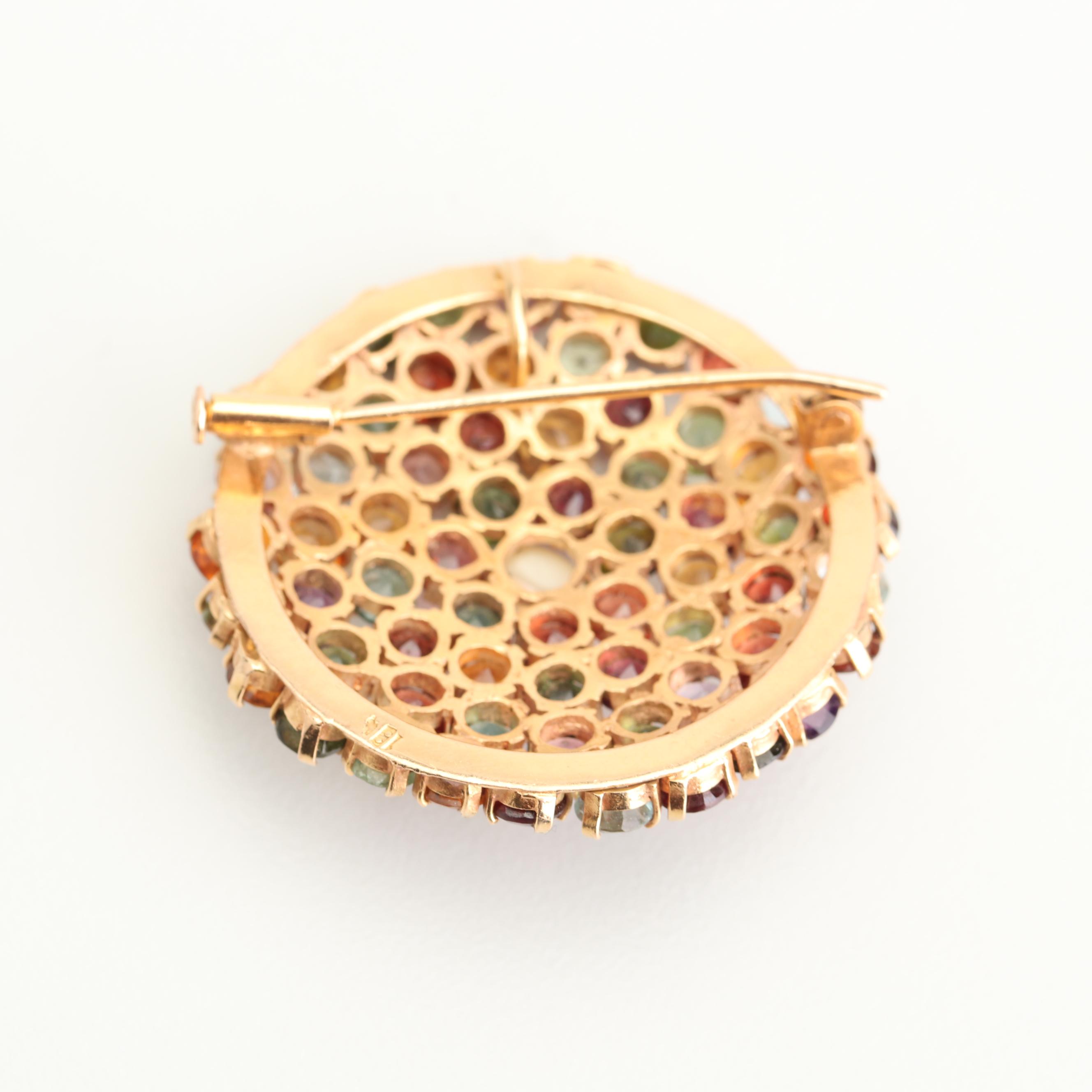 18K Yellow Gold Gemstone and Freshwater Cultured Pearl Brooch or Pendant