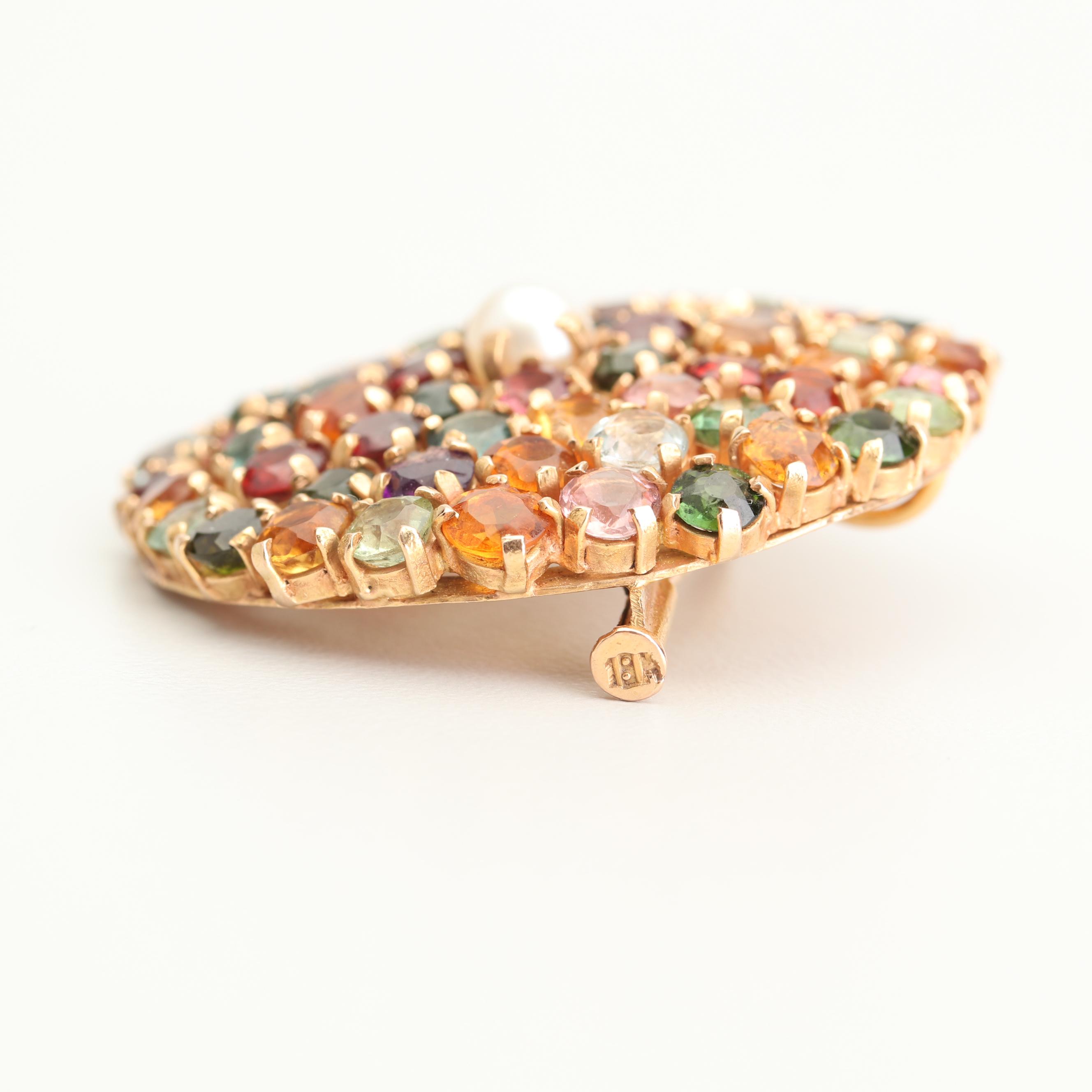 18K Yellow Gold Gemstone and Freshwater Cultured Pearl Brooch or Pendant