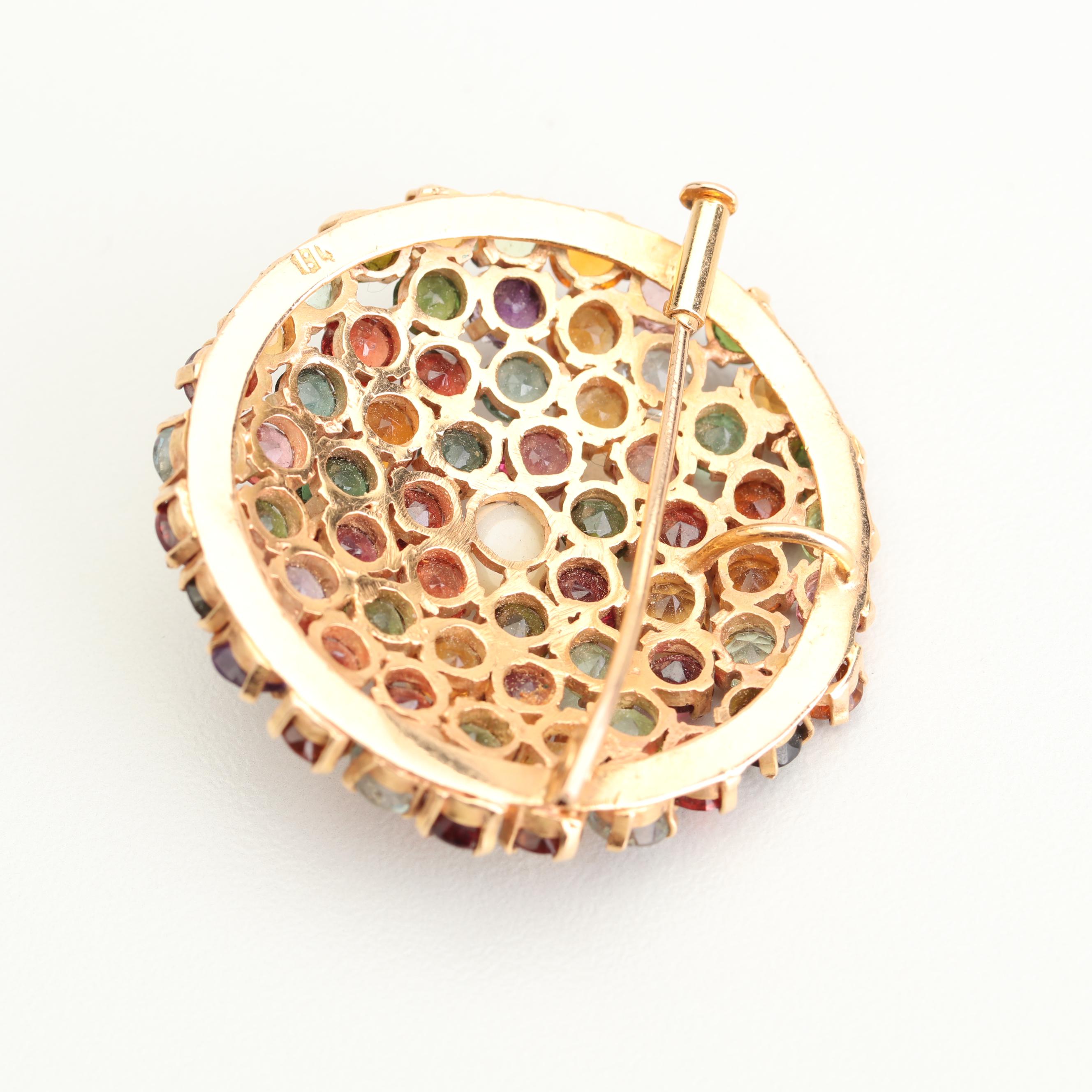 18K Yellow Gold Gemstone and Freshwater Cultured Pearl Brooch or Pendant
