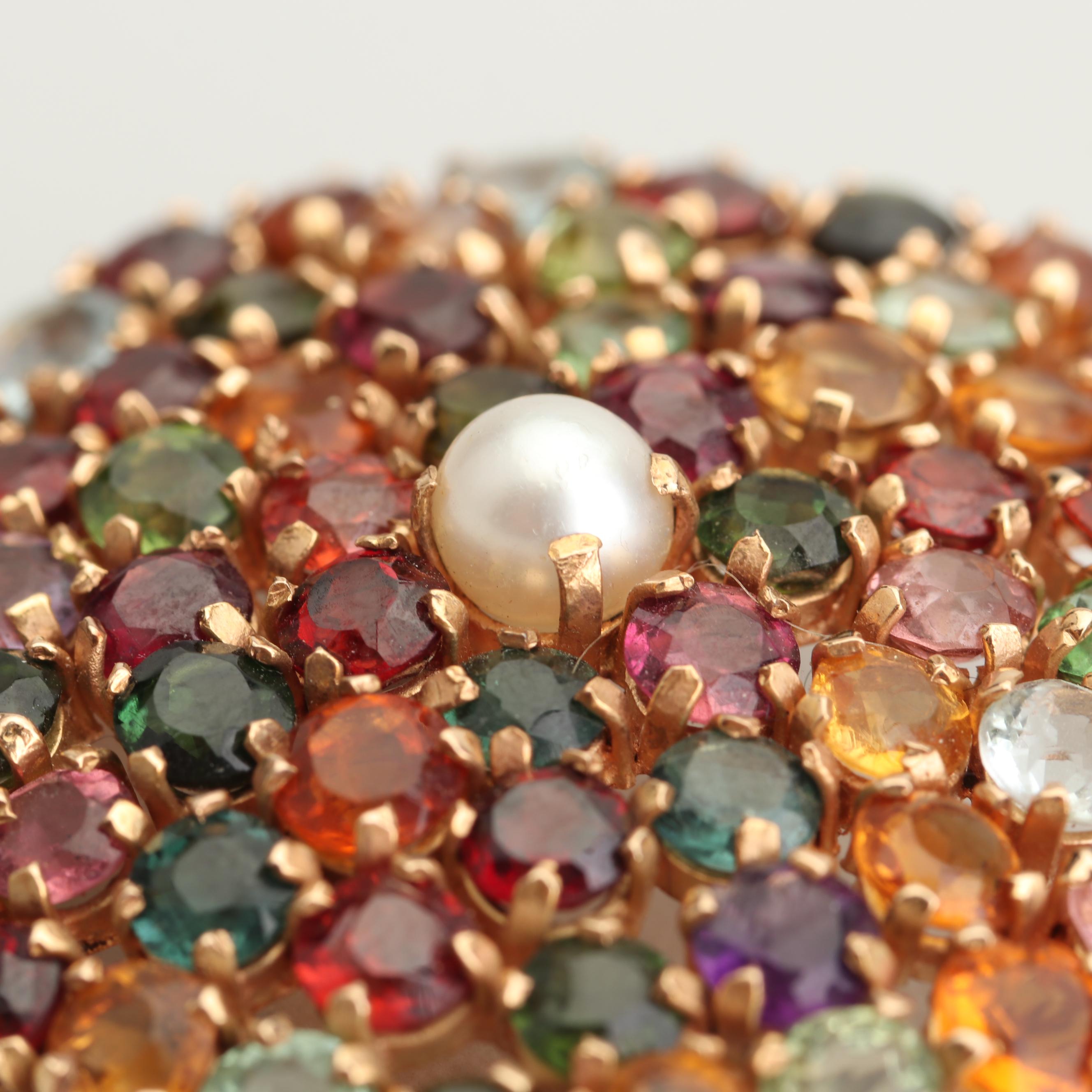 18K Yellow Gold Gemstone and Freshwater Cultured Pearl Brooch or Pendant