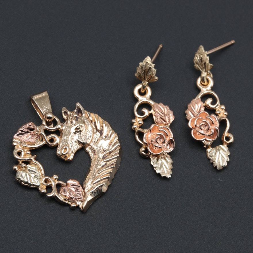 10K Yellow and Rose Gold Equestrian Pendant and Floral Earrings