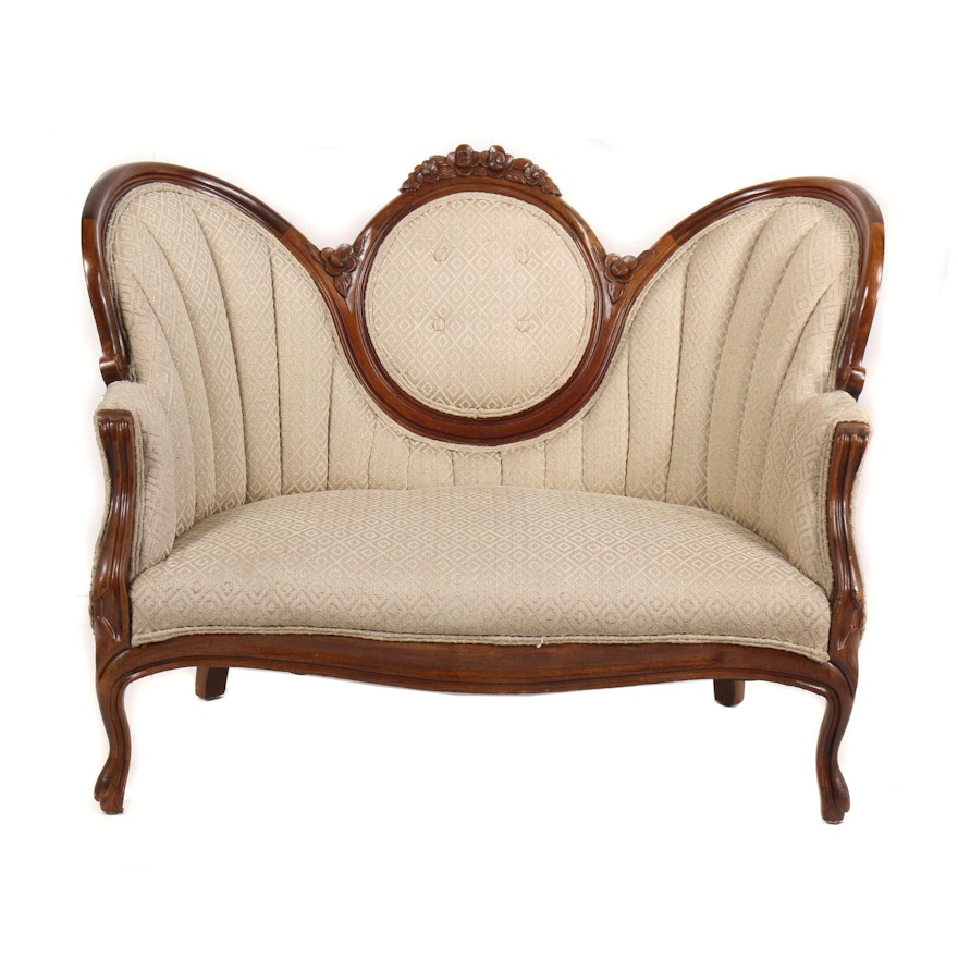 Victorian Style Mahogany Frame Upholstered Medallion-Back Settee, 20th Century