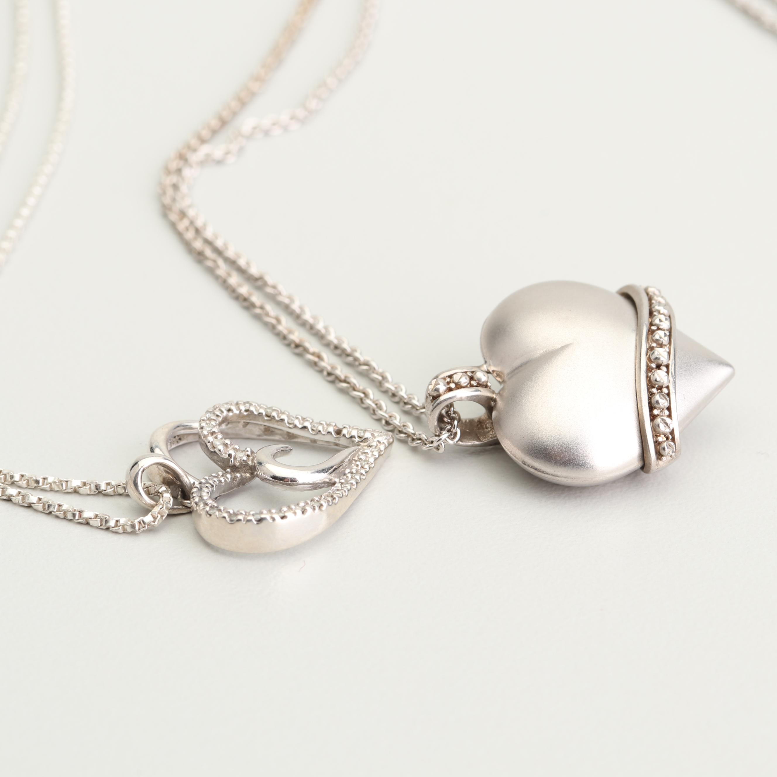 Sterling Silver 14K Gold and Diamond Accented Heart Pendant Necklaces
