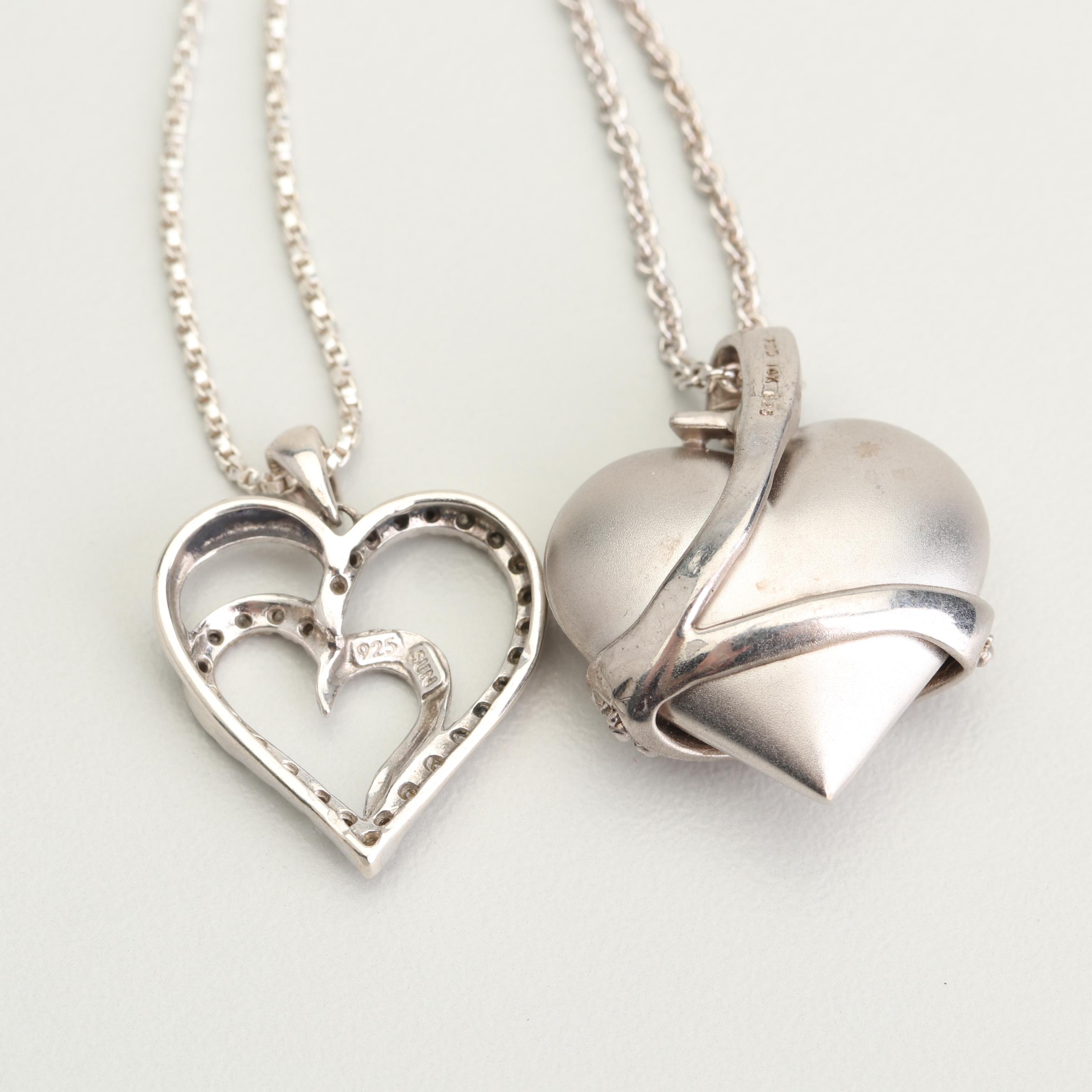 Sterling Silver 14K Gold and Diamond Accented Heart Pendant Necklaces