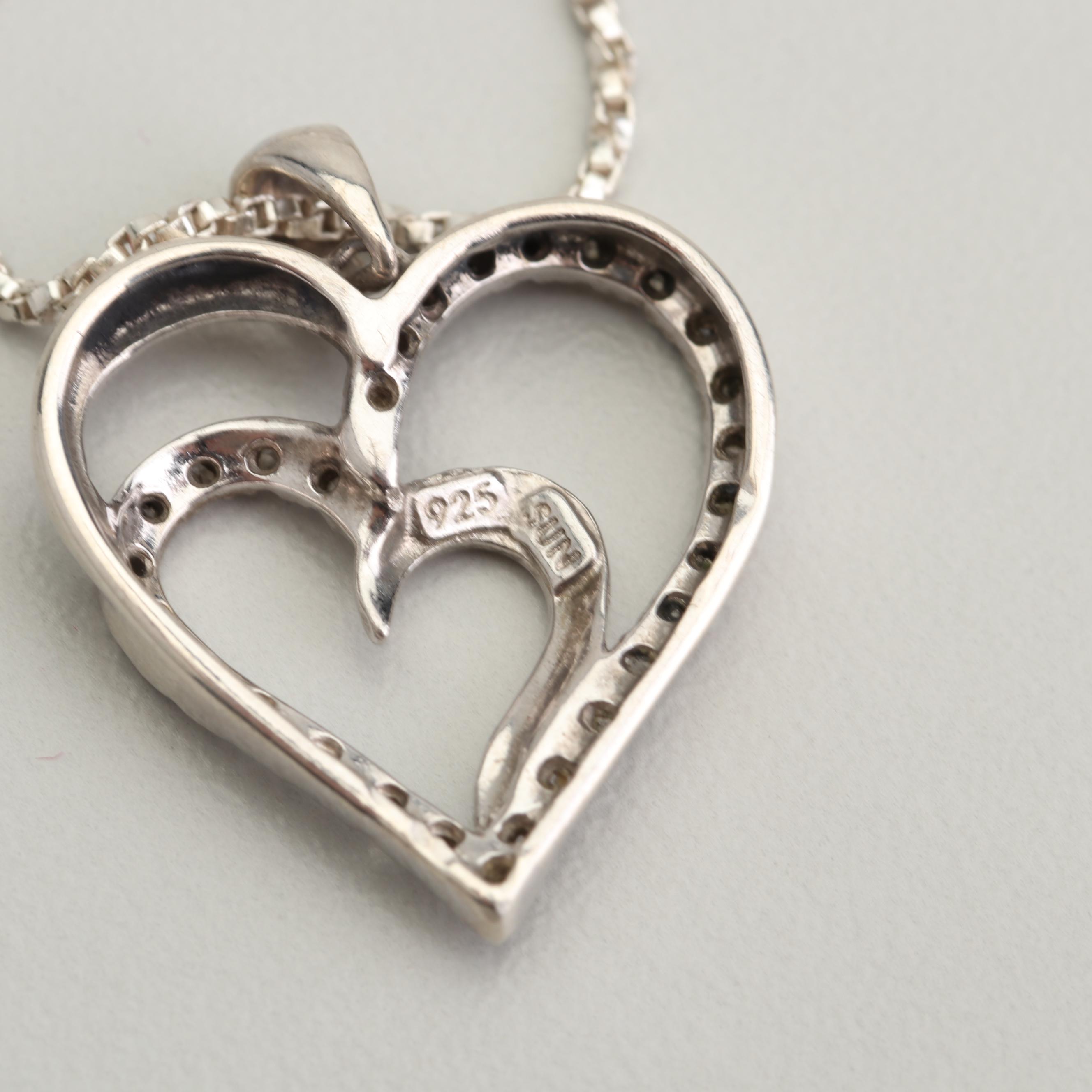 Sterling Silver 14K Gold and Diamond Accented Heart Pendant Necklaces