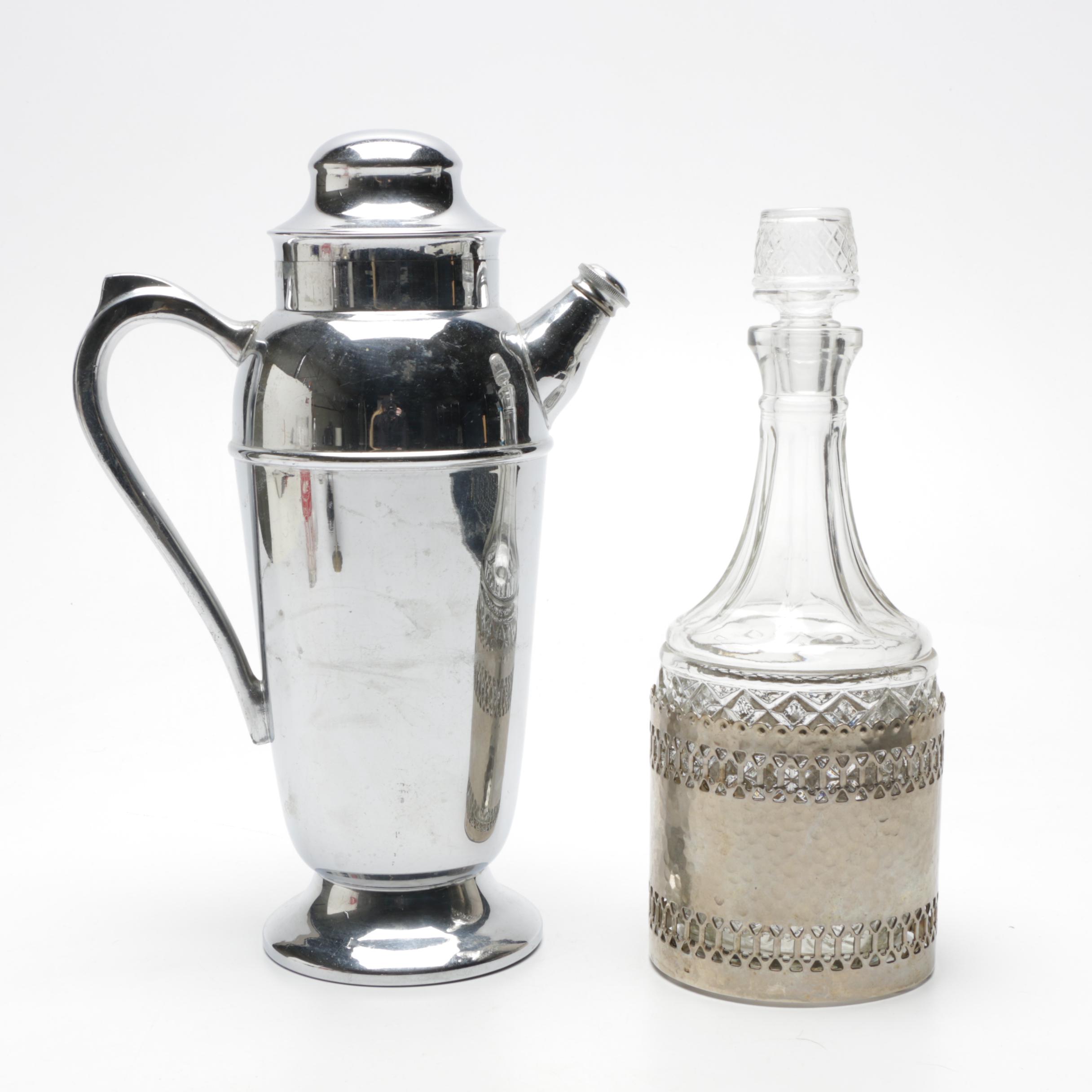 Silver Plate Martini Shaker, Decanter, Martini Glasses and Mixing Glasses
