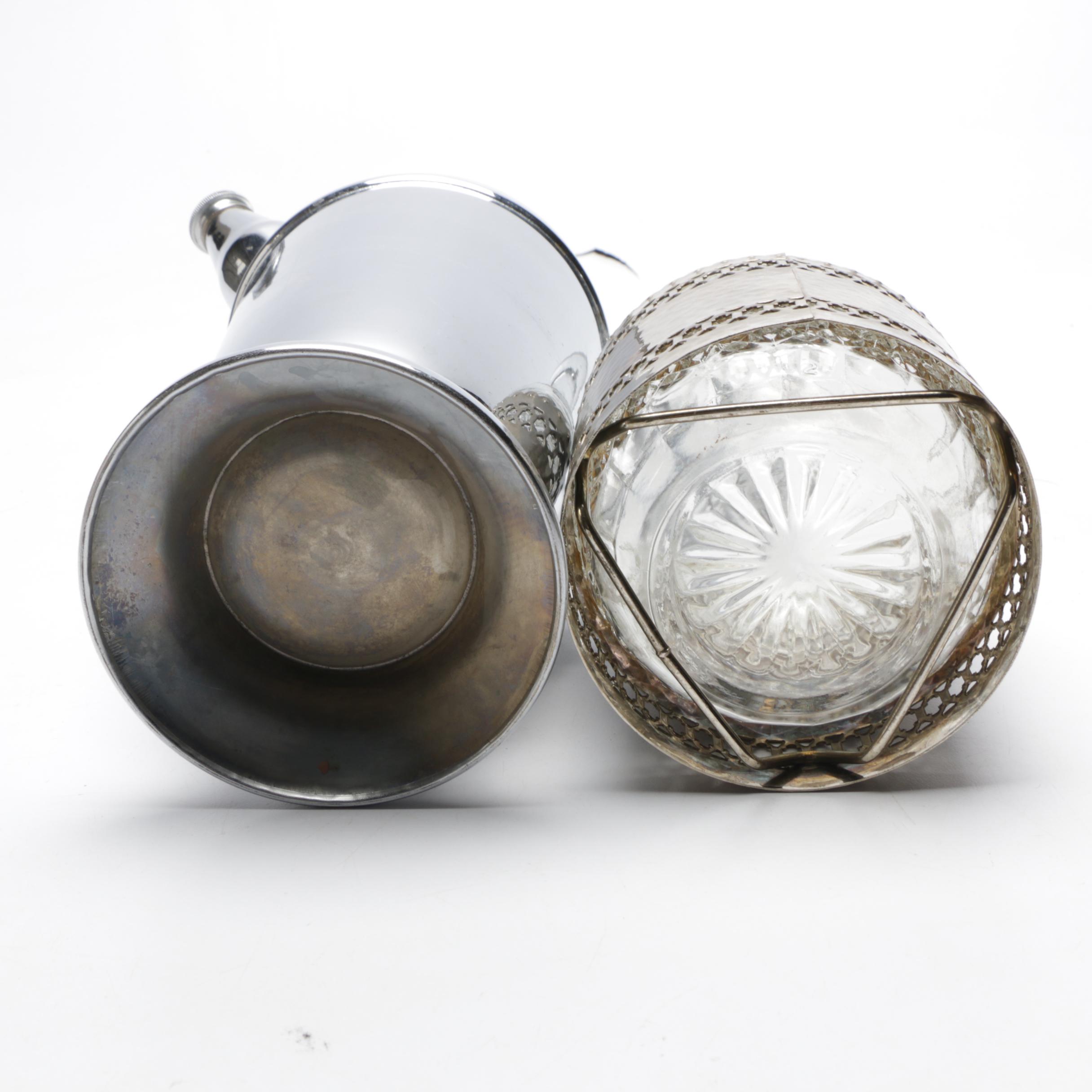 Silver Plate Martini Shaker, Decanter, Martini Glasses and Mixing Glasses