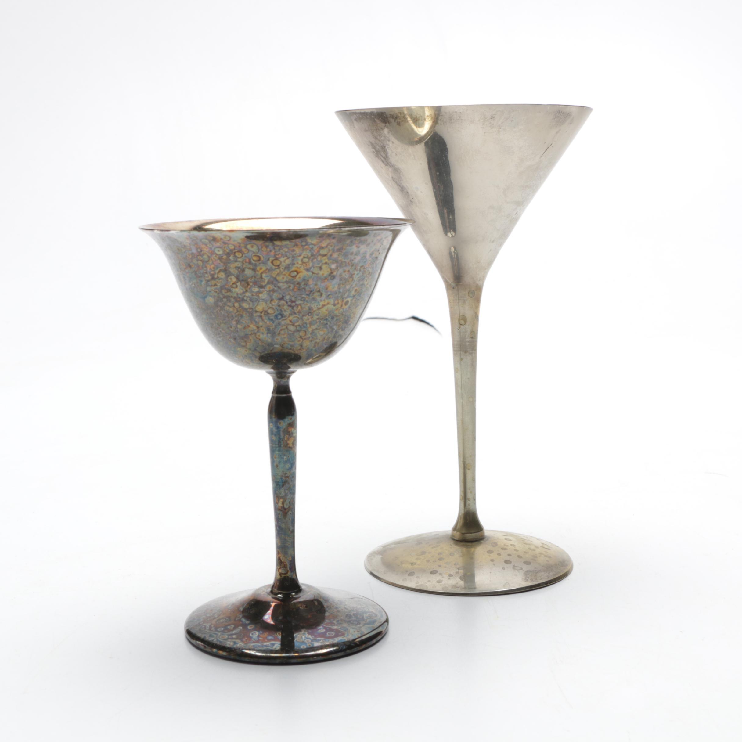 Silver Plate Martini Shaker, Decanter, Martini Glasses and Mixing Glasses