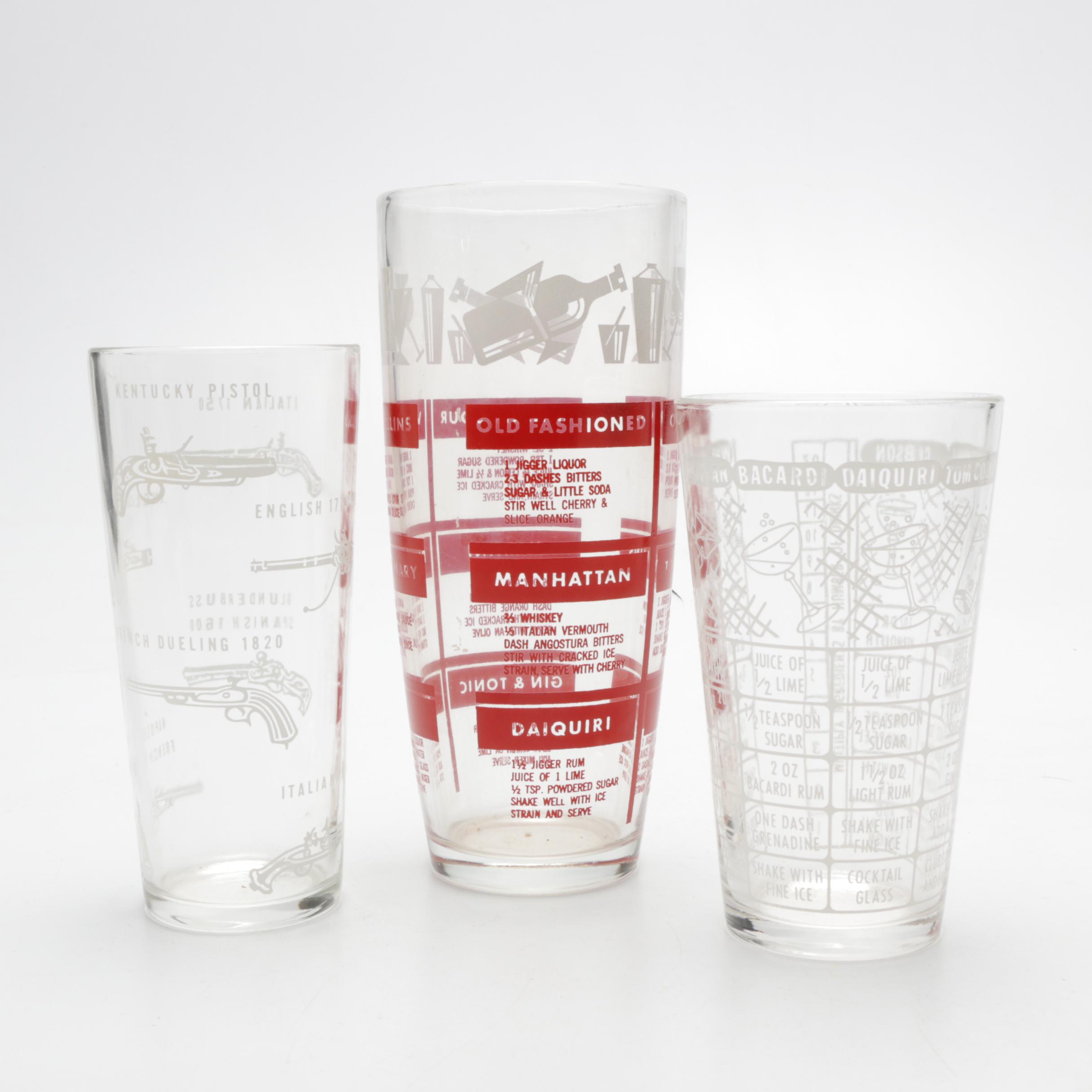 Silver Plate Martini Shaker, Decanter, Martini Glasses and Mixing Glasses