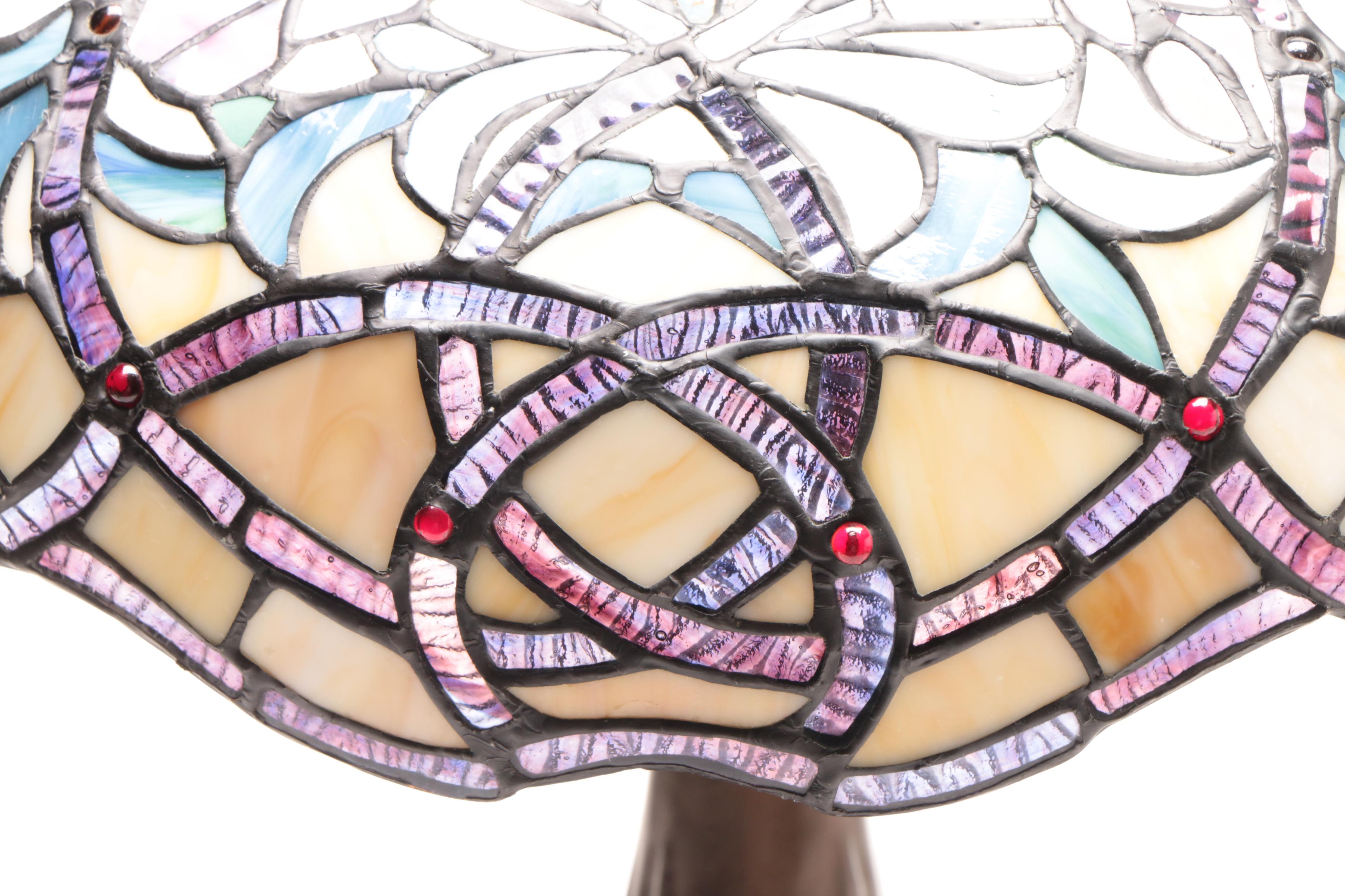 Cast Metal Table Lamp with Slag and Stained Glass Shade