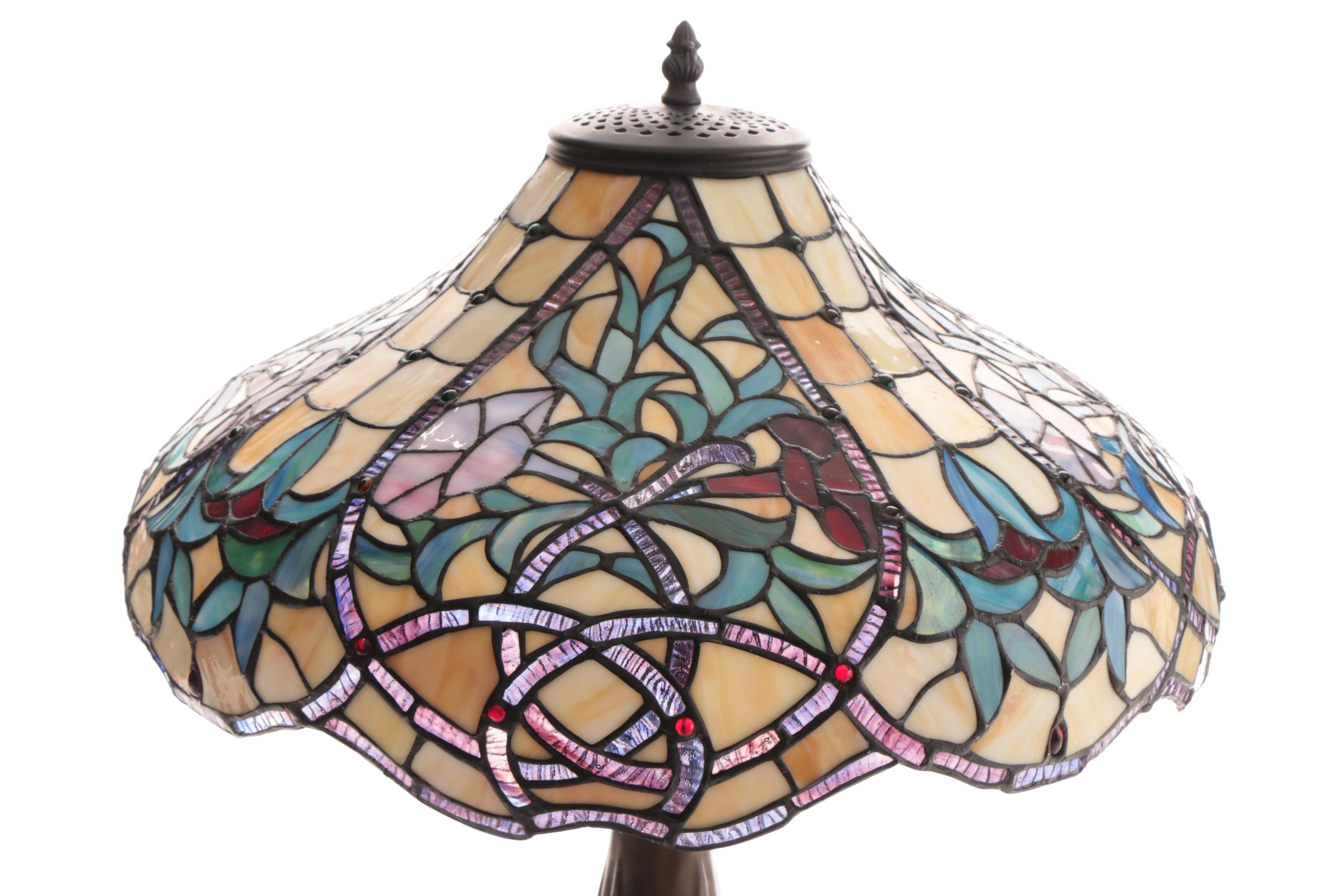 Cast Metal Table Lamp with Slag and Stained Glass Shade
