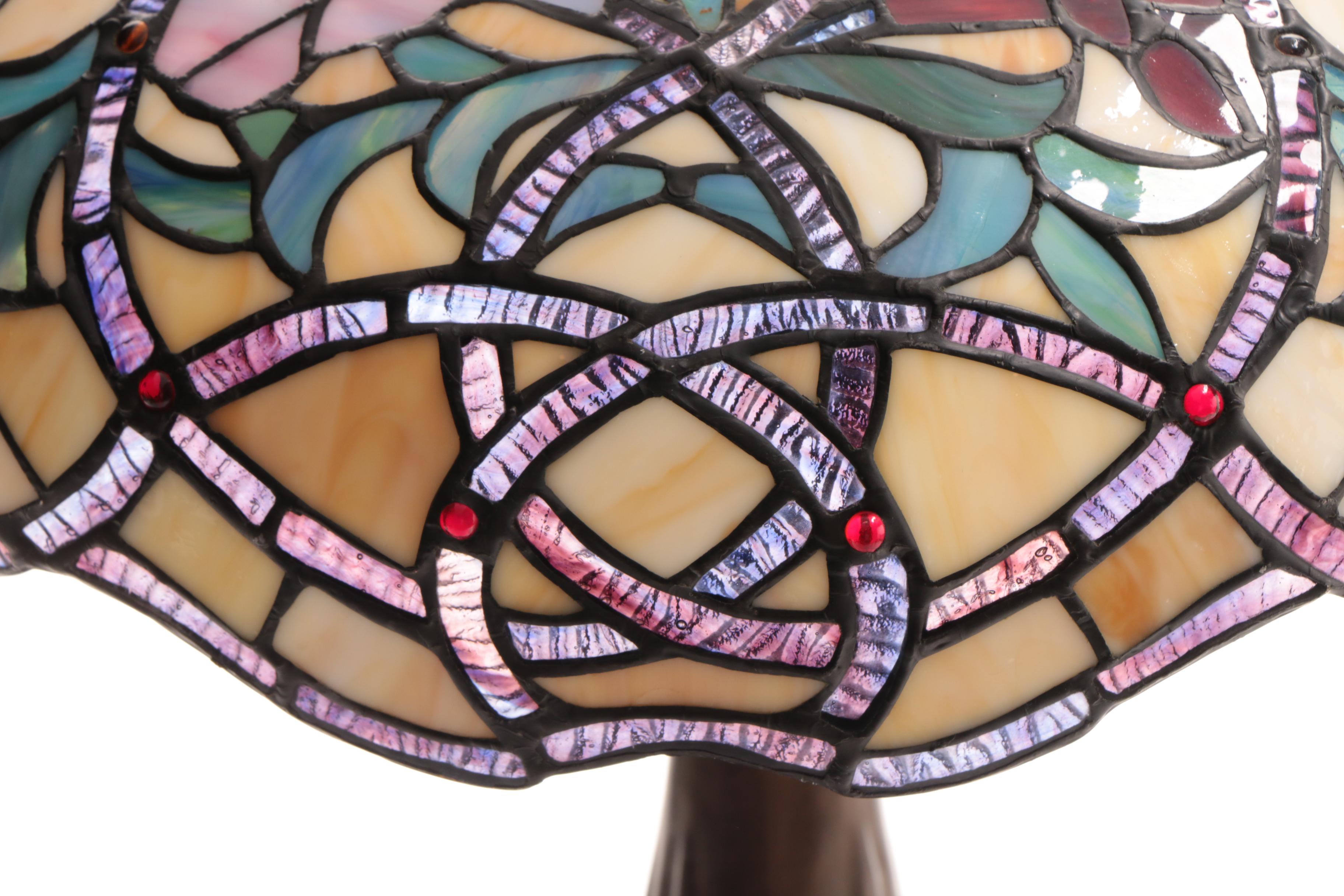 Cast Metal Table Lamp with Slag and Stained Glass Shade