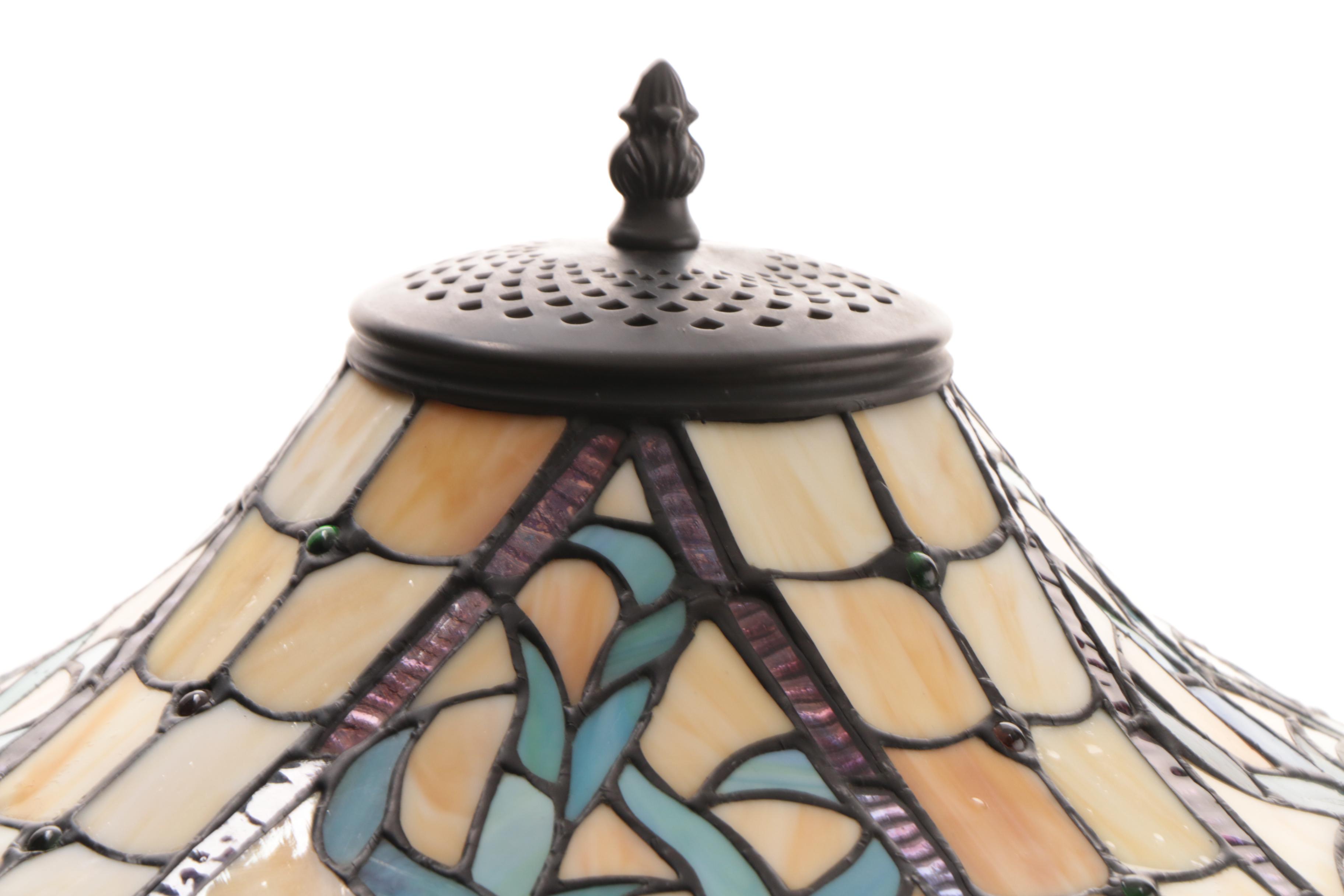 Cast Metal Table Lamp with Slag and Stained Glass Shade
