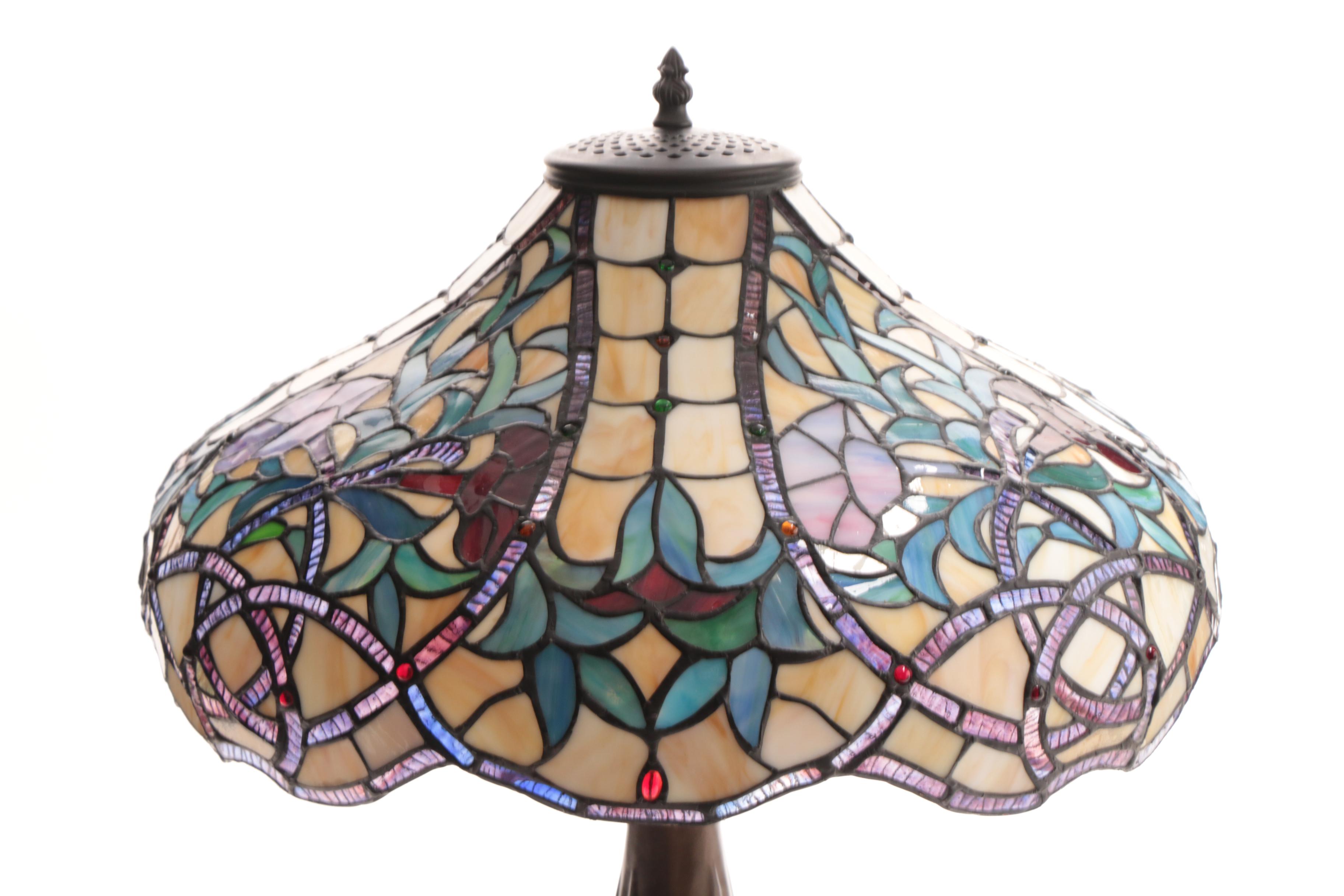 Cast Metal Table Lamp with Slag and Stained Glass Shade