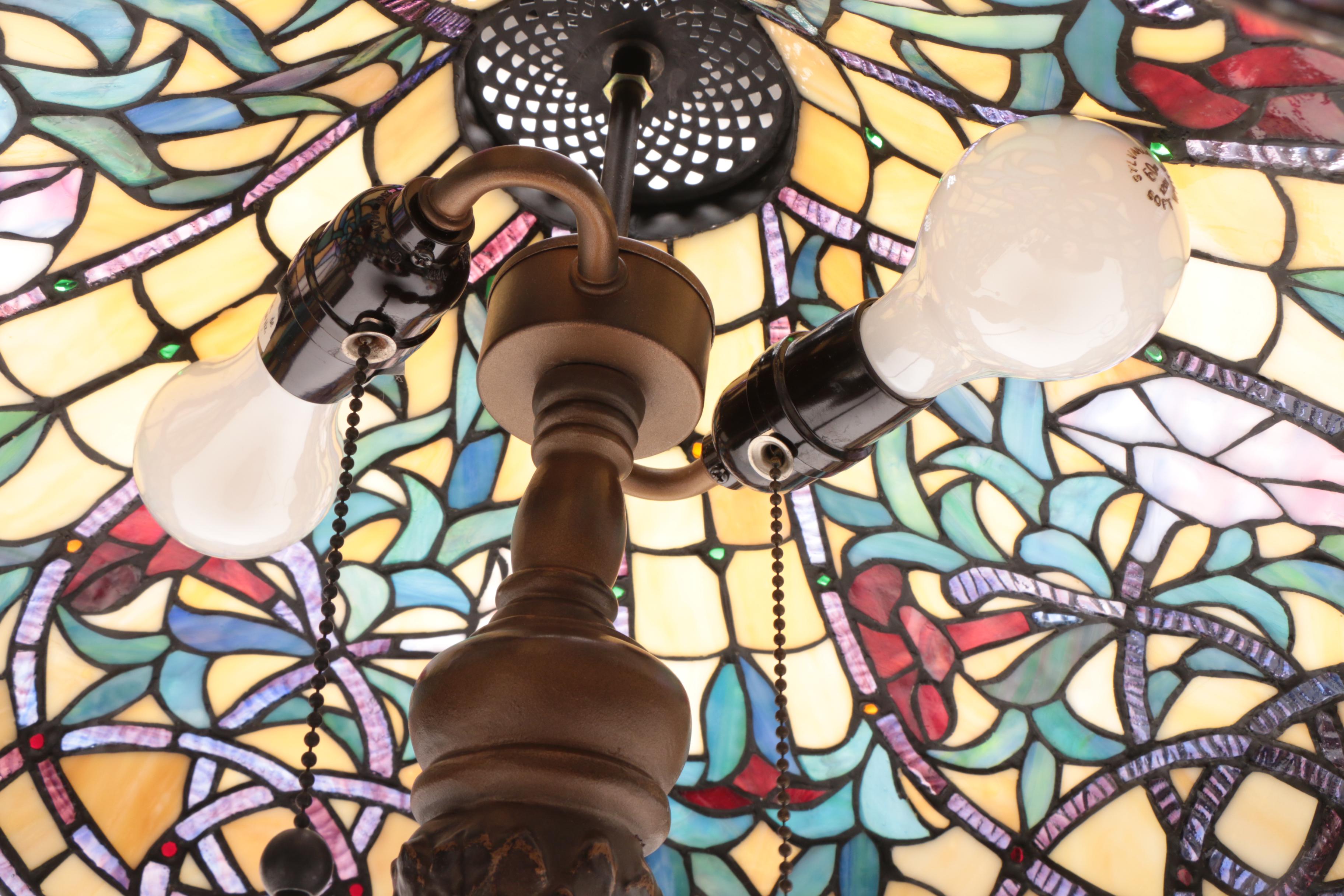 Cast Metal Table Lamp with Slag and Stained Glass Shade