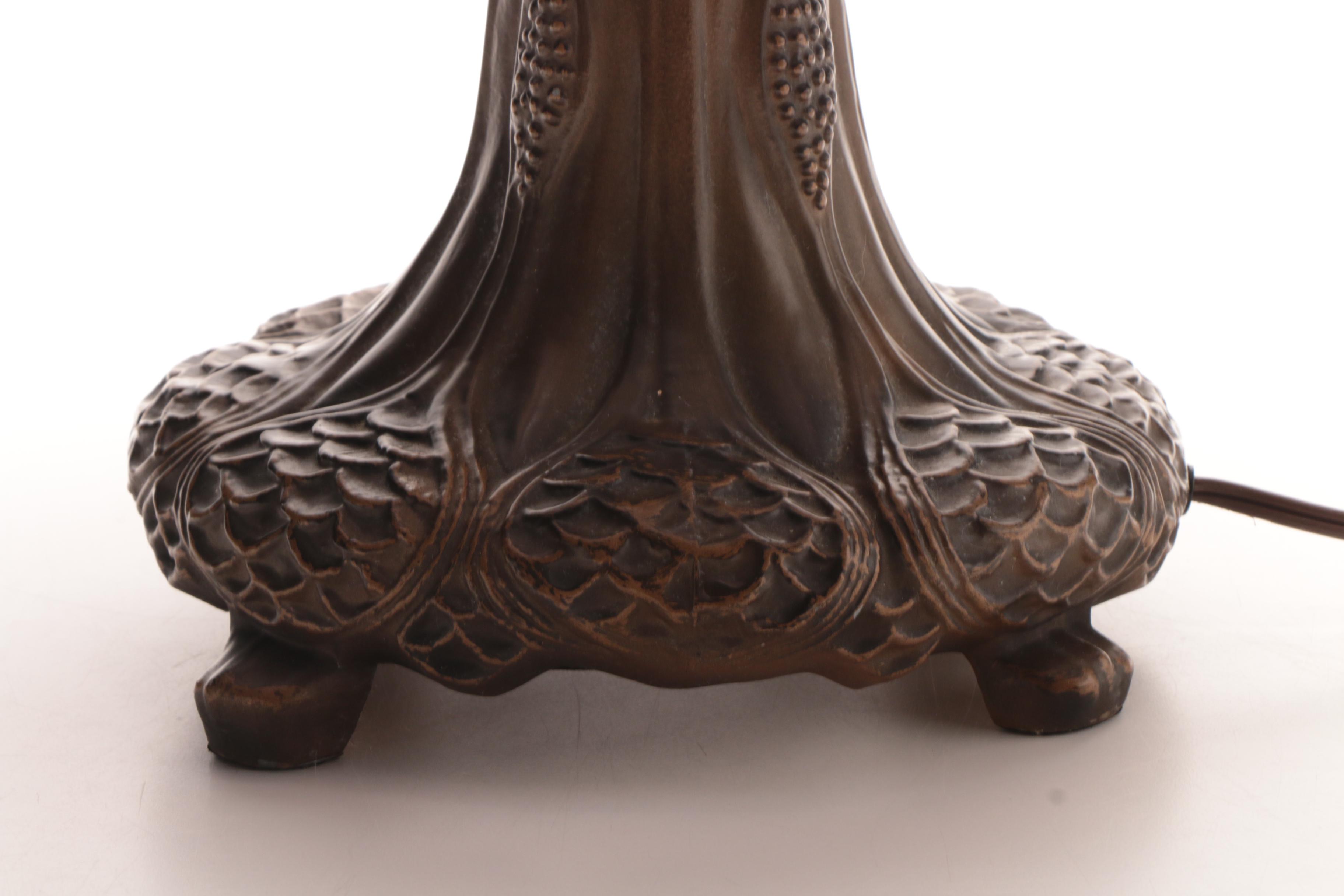 Cast Metal Table Lamp with Slag and Stained Glass Shade