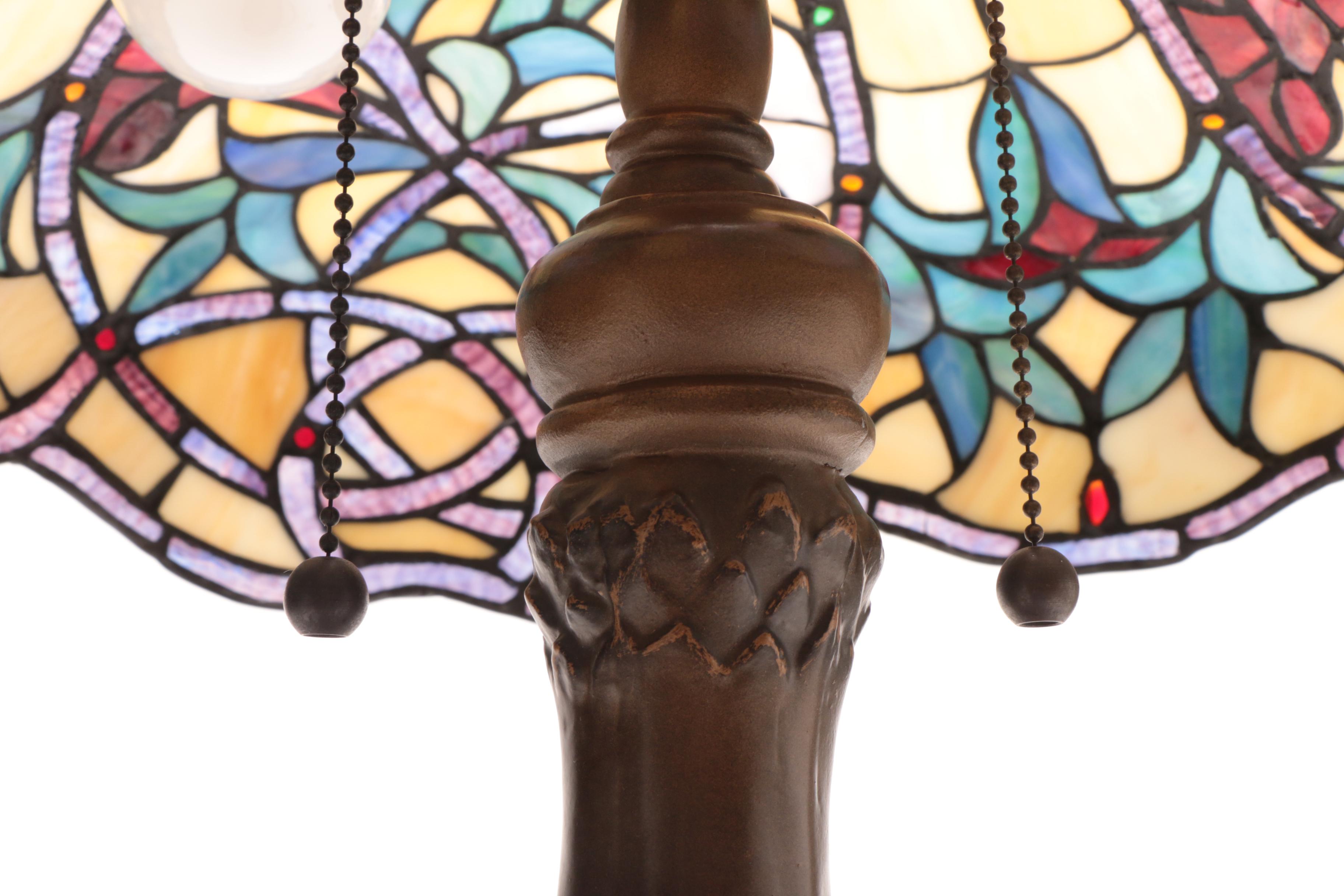 Cast Metal Table Lamp with Slag and Stained Glass Shade