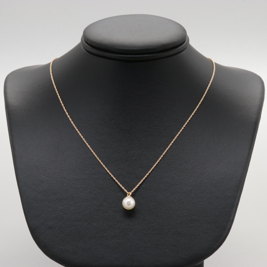 14K Yellow Gold Cultured Pearl Solitaire Pendant Necklace