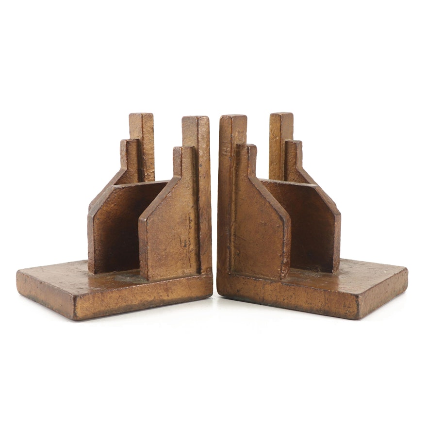 Brutalist Style Bronze Patinated Cast Iron Letter Holder Bookends