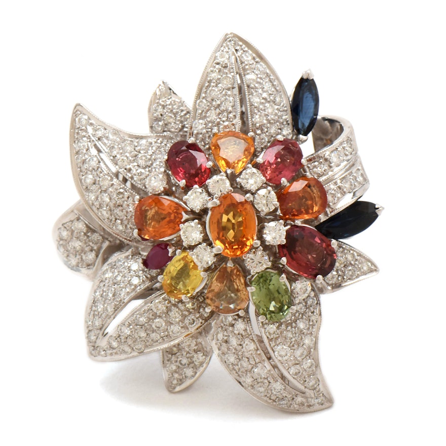 18K White Gold Multi-Colored Sapphire, Ruby and 3.28 CTW Diamond Flower Ring