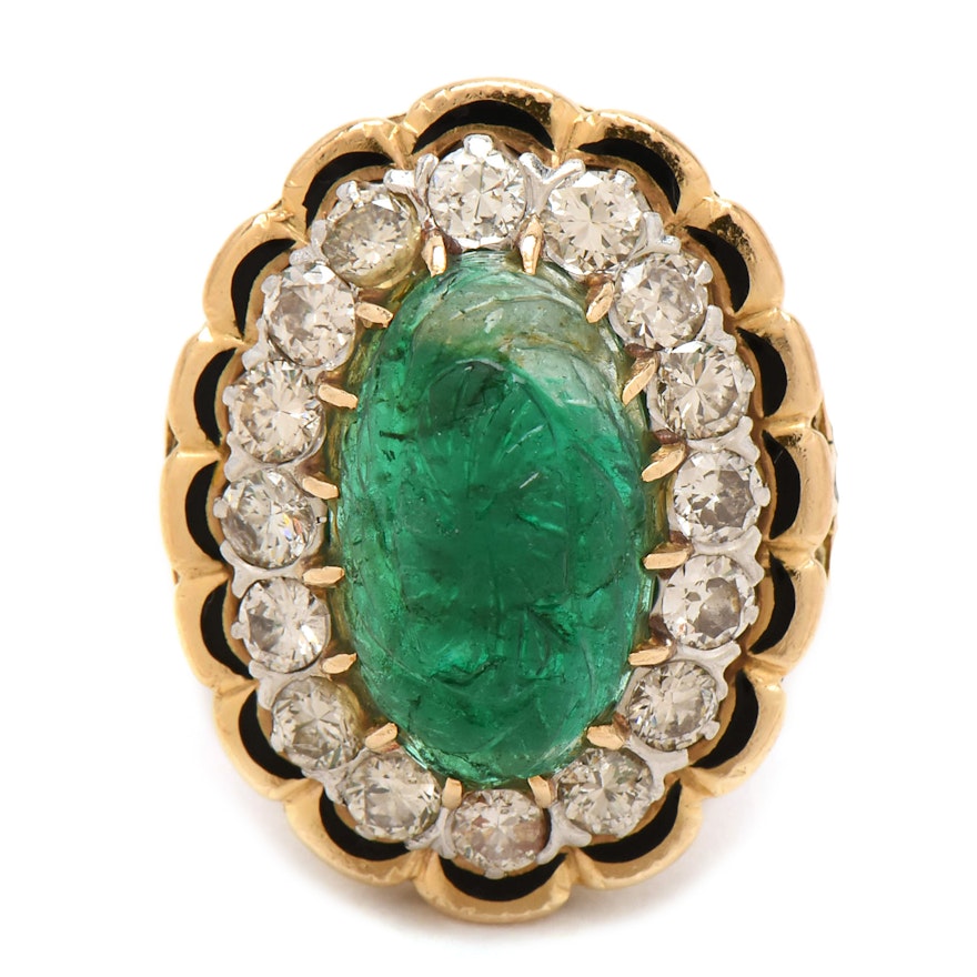 18K Yellow Gold Carved Emerald, 1.44 CTW Diamond, and Enamel Ring