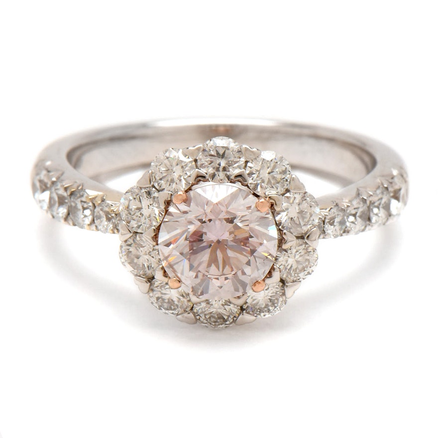 18K White Gold 2.05 CTW Diamond Ring with Very Light Pink Diamond and GIA Report