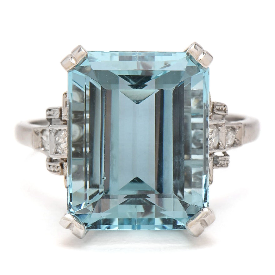 Platinum 10.34 CT Aquamarine and Diamond Ring with GIA Report