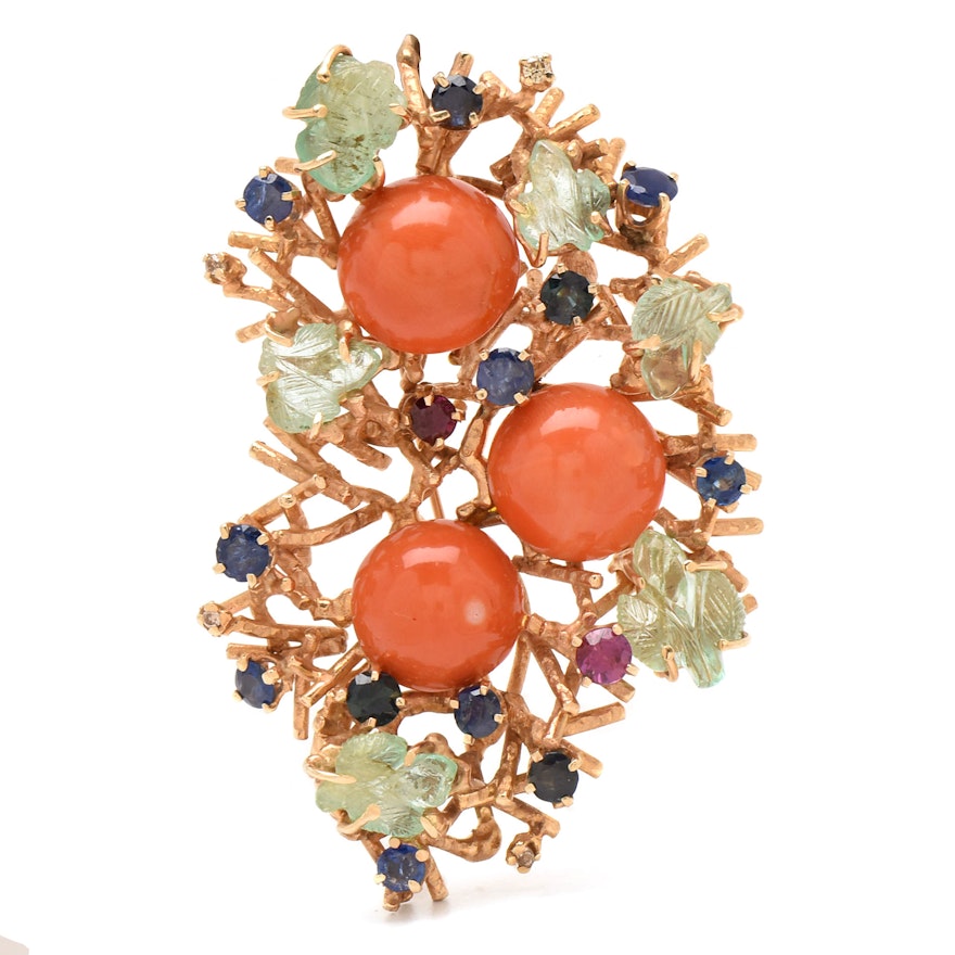 14K Yellow Gold Coral, Emerald, Sapphire, Diamond, and Beryl Nest Motif Brooch