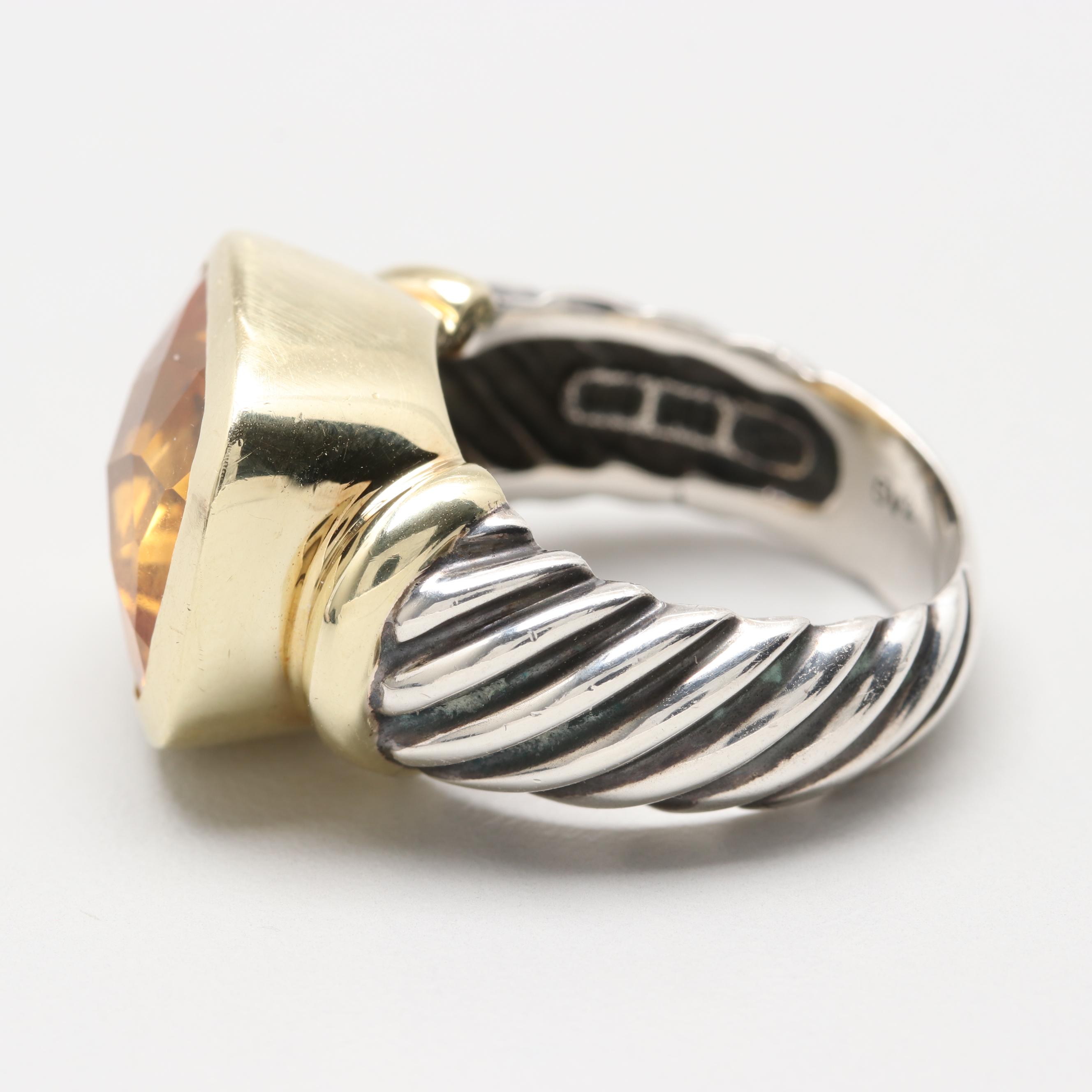 David Yurman "Noblesse" Sterling Silver Citrine Ring with 14K Yellow Gold Accent