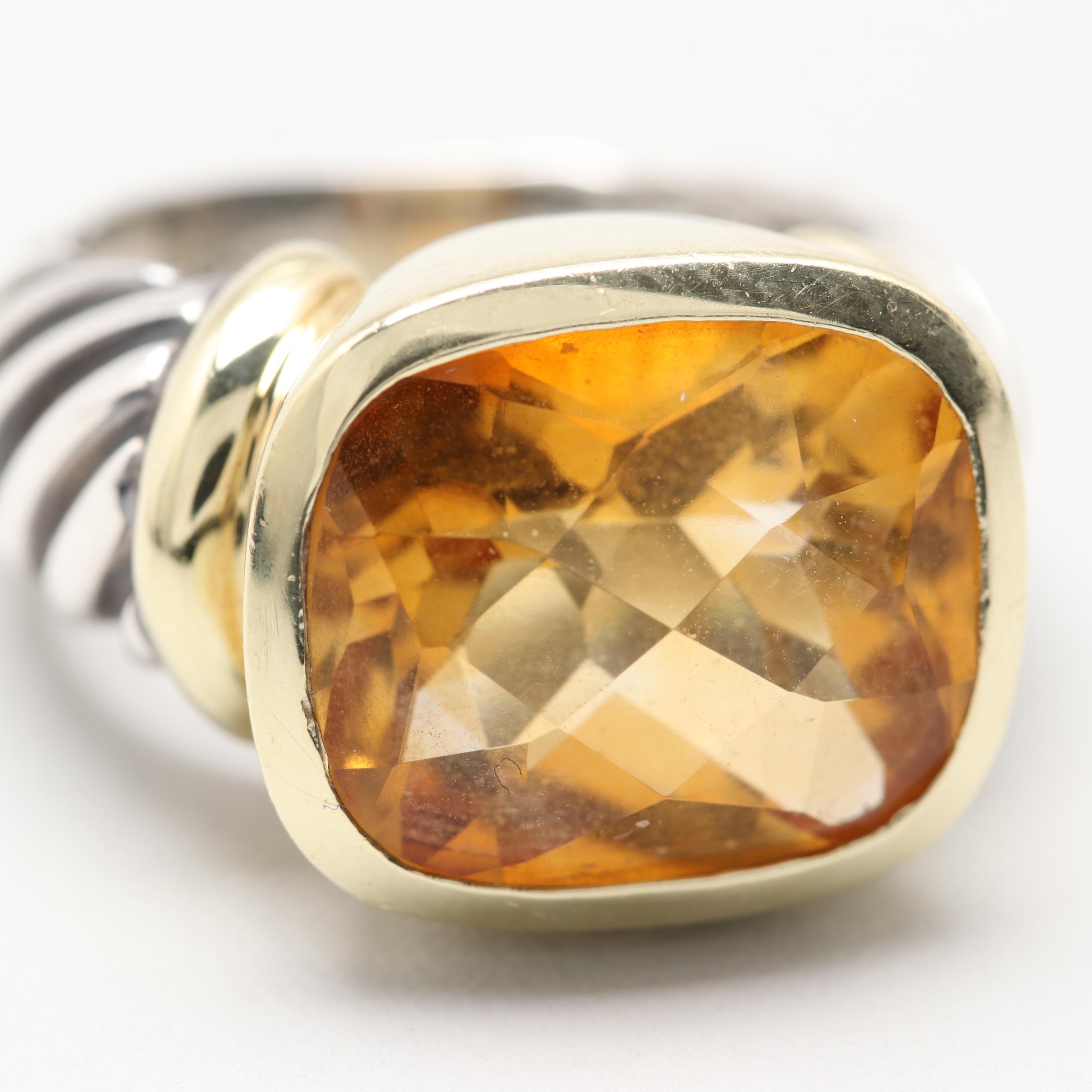 David Yurman "Noblesse" Sterling Silver Citrine Ring with 14K Yellow Gold Accent