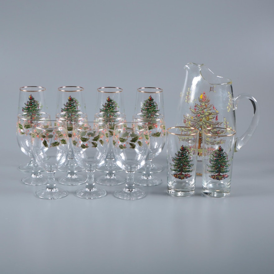 Spode "Christmas Tree" Stemware and Pitcher with Holly Leaves Goblets