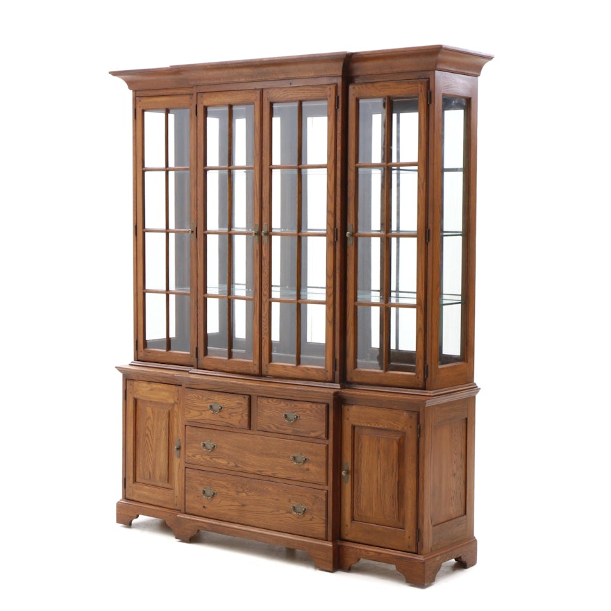 Two-Piece Illuminated Breakfront China Cabinet in Oak by Lineage