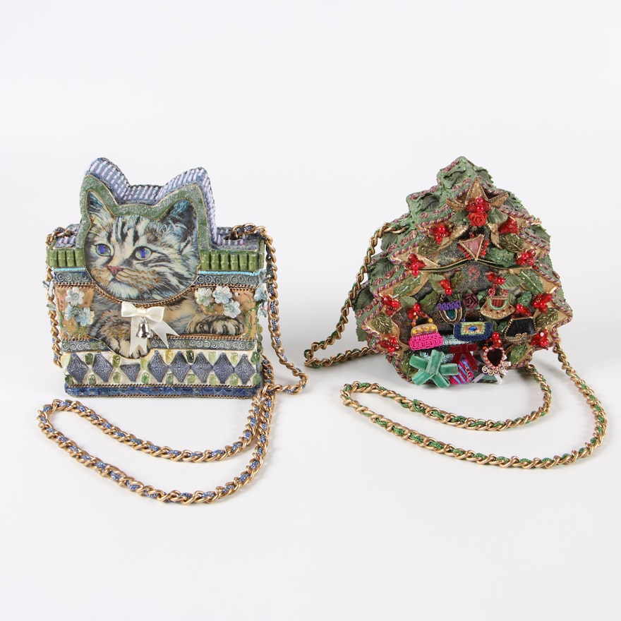1990s Mary Frances Cat and Christmas Tree Themed Decorated Box Handbags