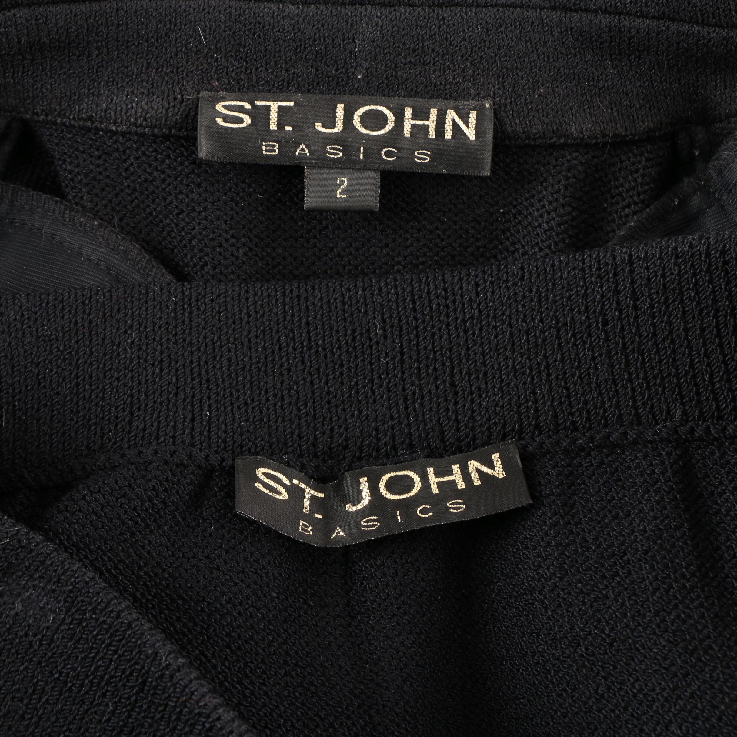 St. John Basics Black Knit Skirt Suit featuring Rhinestone Buttons